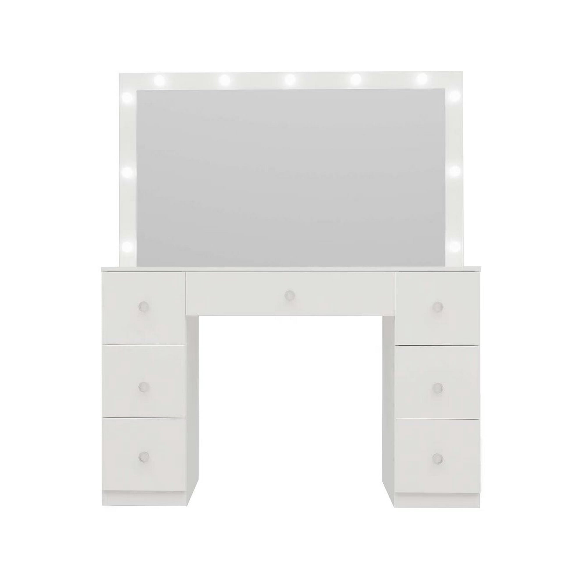 Fenbeli Vanity Desk with Mirror, LED Lights Makeup Vanity Table with 7 Drawers for Bedroom Dressing Room, White Finish