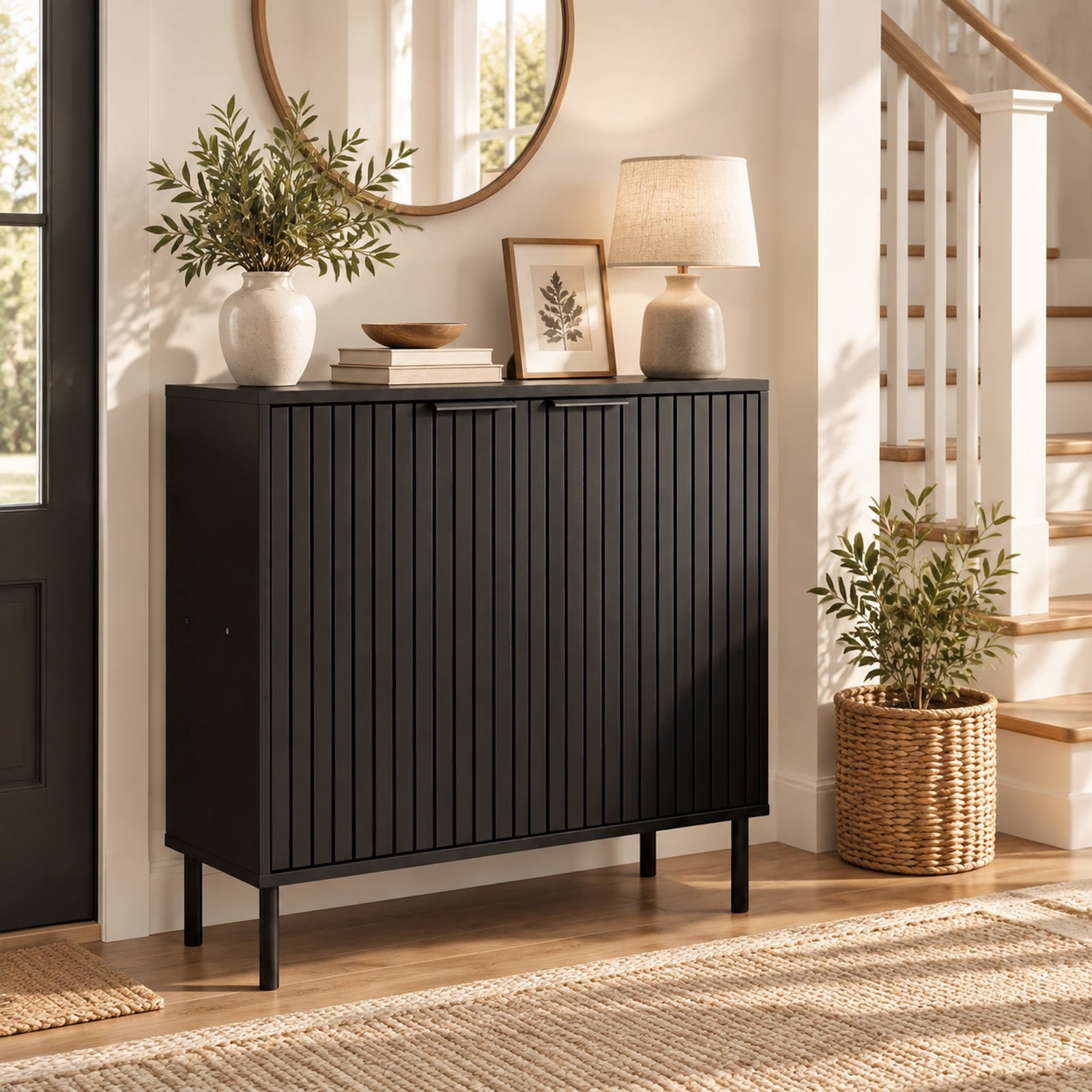 Fenbeli Fluted Buffet Cabinet with 2-Door Sideboard for Kitchen and Dining Room, Black, Metal legs provide strong and reliable support