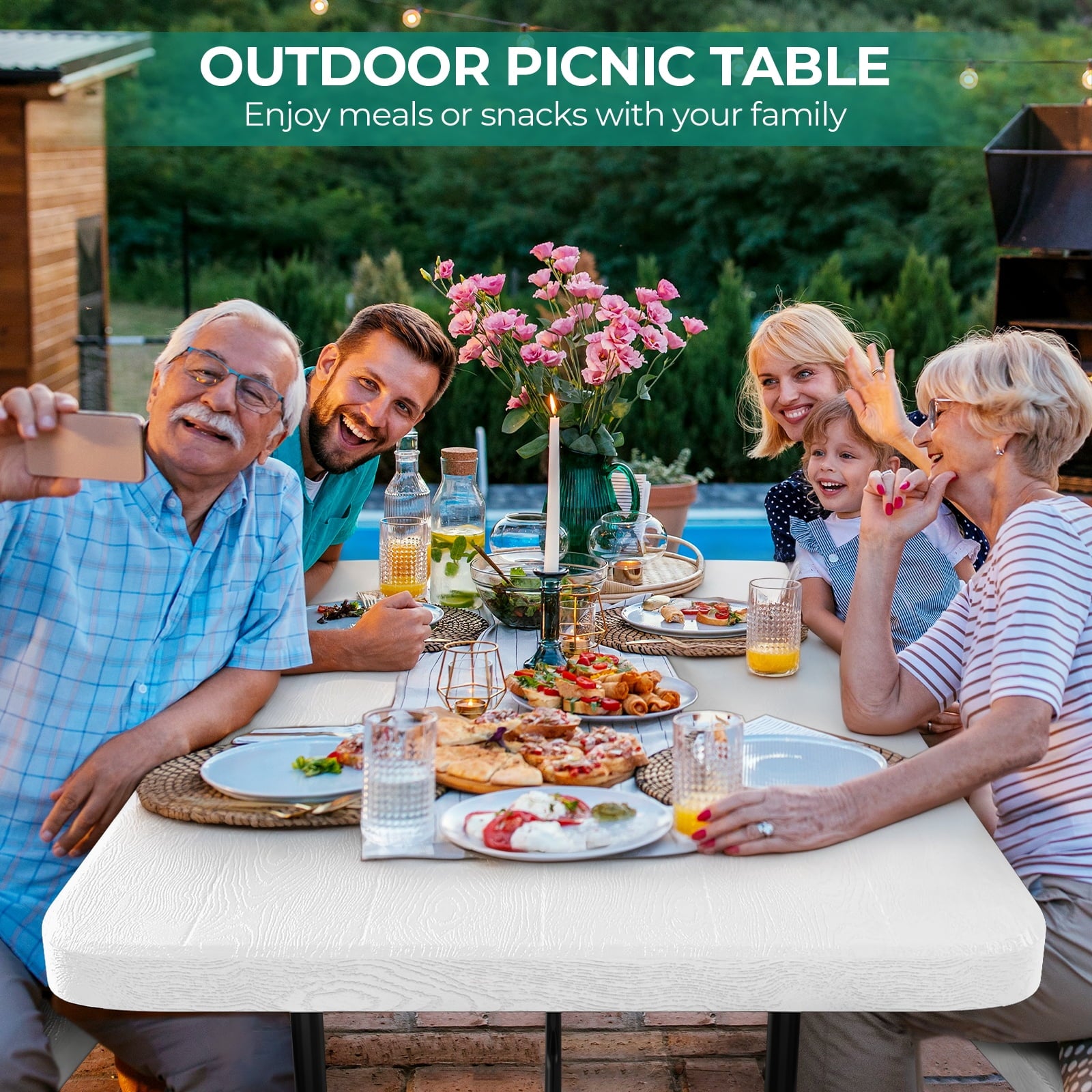 Fenbeli Picnic Table Bench Set Outdoor, All-Weather Patio Dining Furniture for Backyard Garden Deck, White