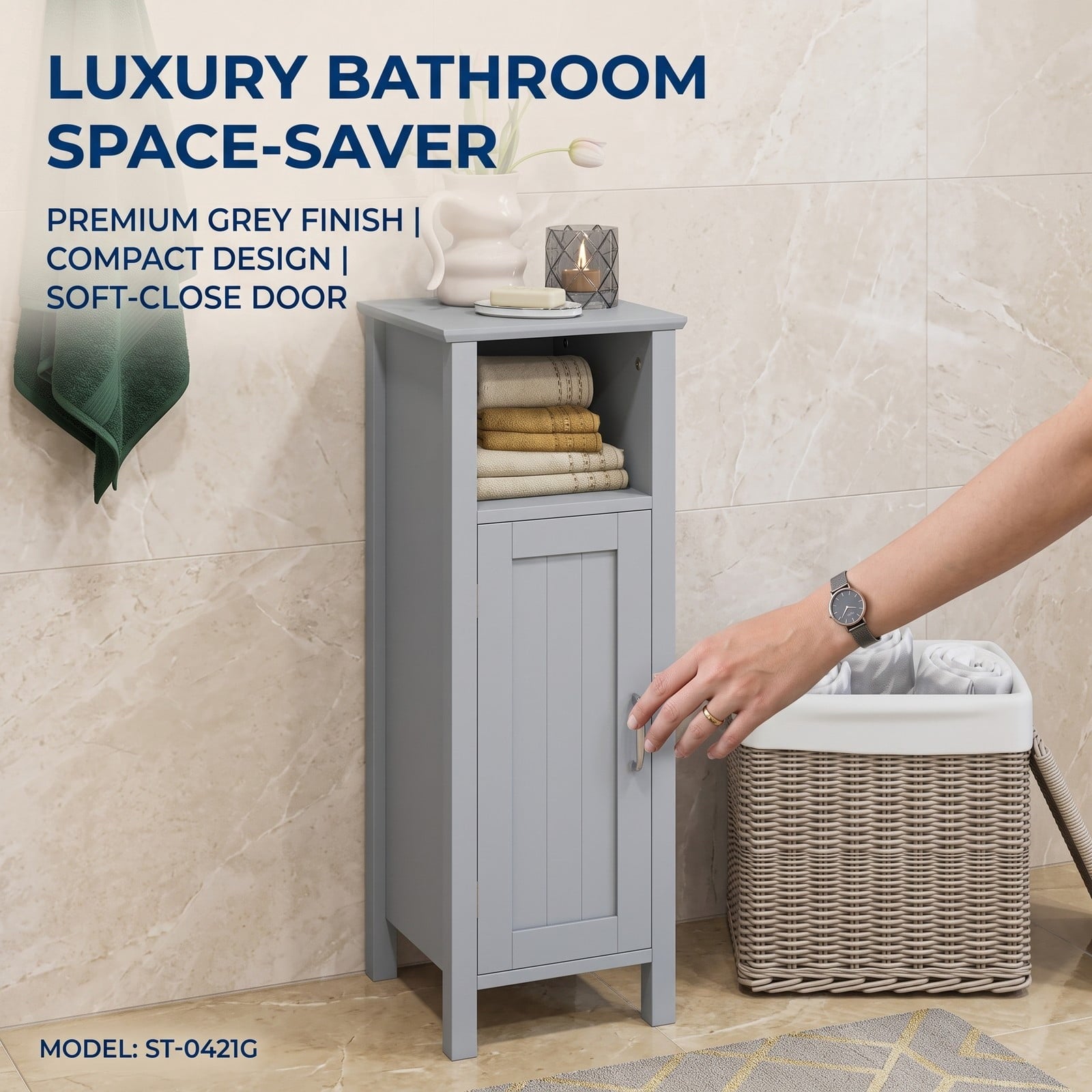 Fenbeli Freestanding Bathroom Storage Cabinet, 2-Tier Floor Organizer with Open Shelf and 1-Door Compartment, Anti-Tip MDF Corner Storage Unit for Bathroom, Gray