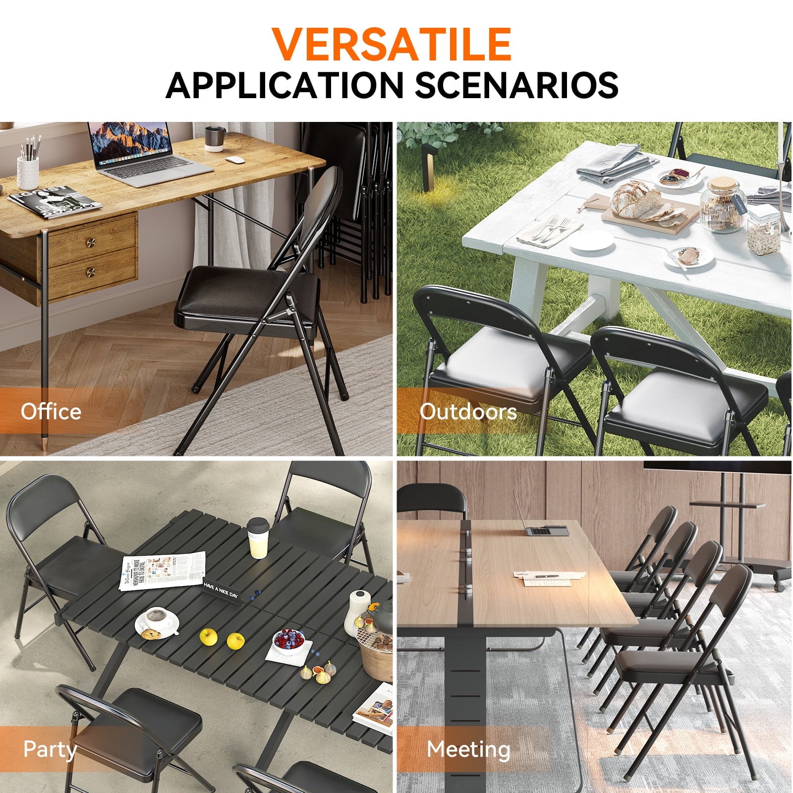 Furnibear 6 Pack Folding Chairs, Leather Padded Cushion Chairs with Comfortable Cushion and Stainless Steel Frame for Home and Office, for Indoor Events,Black