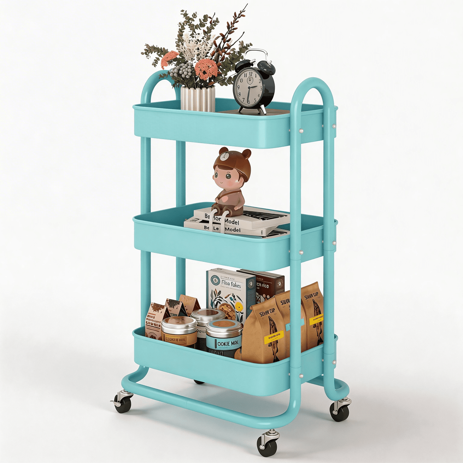 Fenbeli 3-Tier Metal Rolling Utility Cart with Wheels, blue, 18L x 13.4W x 31H