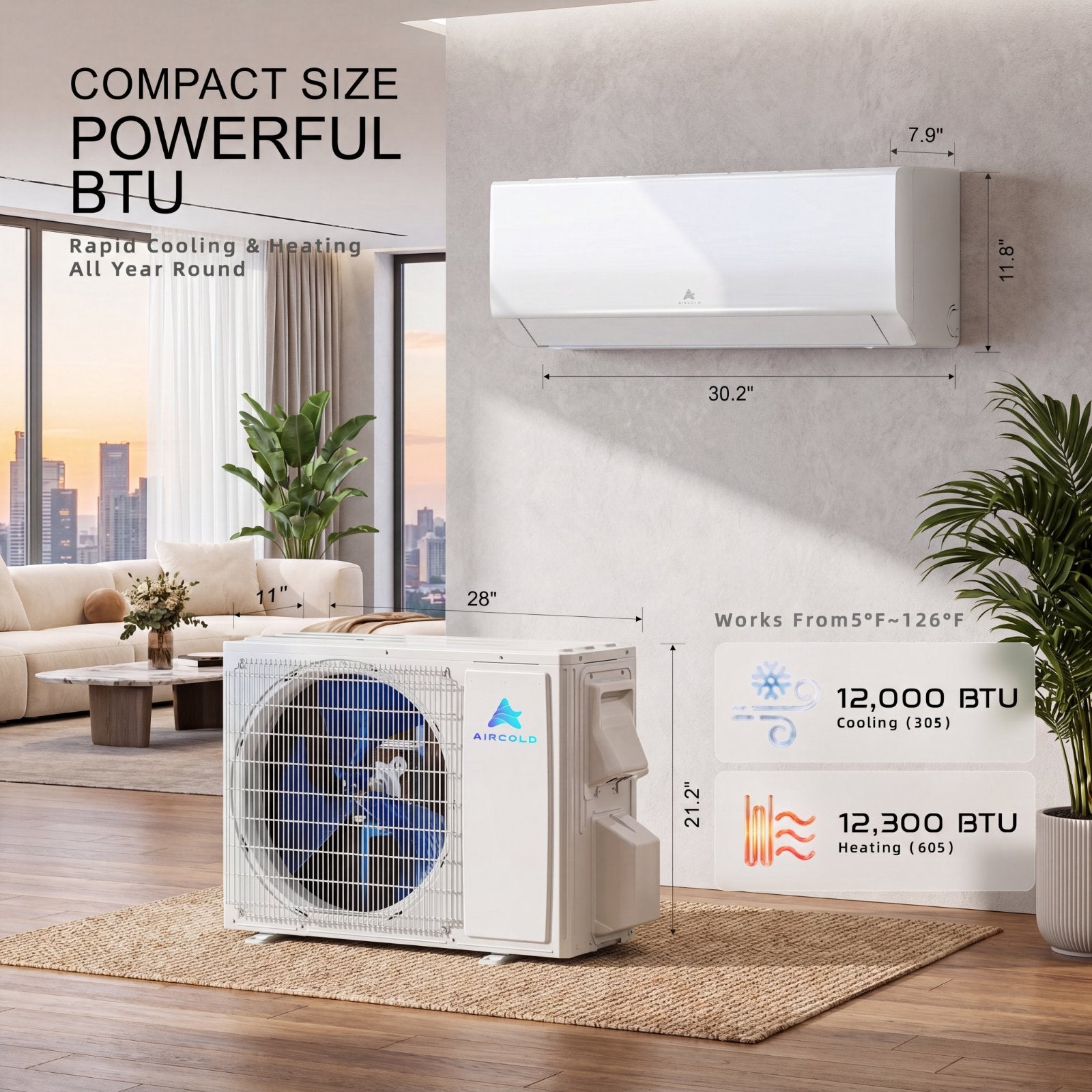Aircold 12000 BTU Mini Split Air Conditioner and Heater, 208/230V 22 SEER2 Energy Saving Ductless Inverter AC Heat Pump with WiFi, Cool and Heat up to 750 Sq.Ft