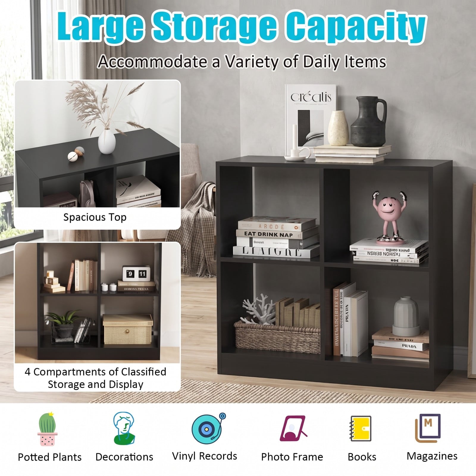 Fenbeli 4-Cube Kids Bookcase with Open Shelves, layer 60 lbs Capacity, Engineered wood Frame, 29 x 13 x 29 Footprint, Black