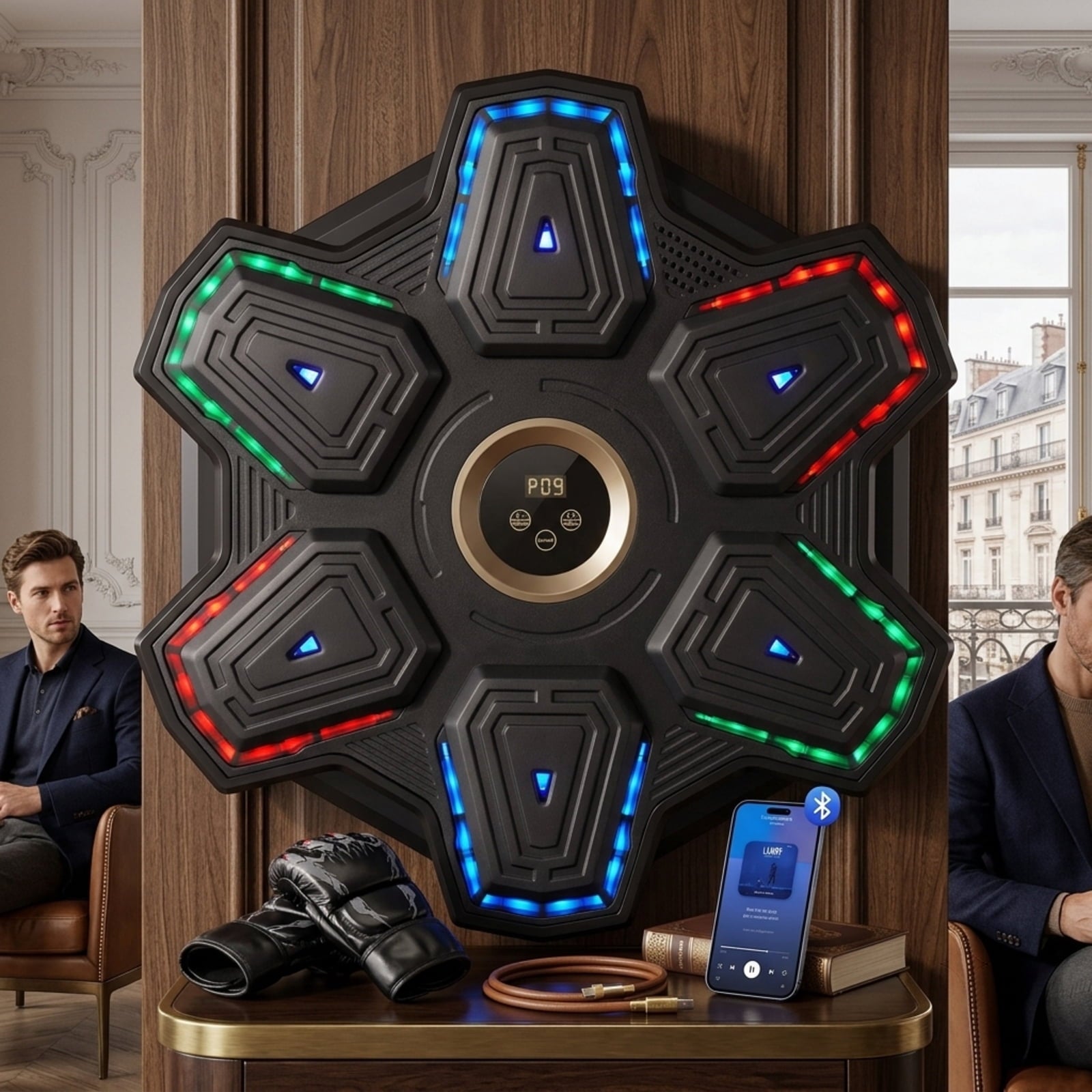 Fenbeli Smart Boxing Trainer Wall-Mounted Punching Pad with LED Lights Music and 8 Rhythm Modes 3 Mounting Options for Home Reaction Training, Black