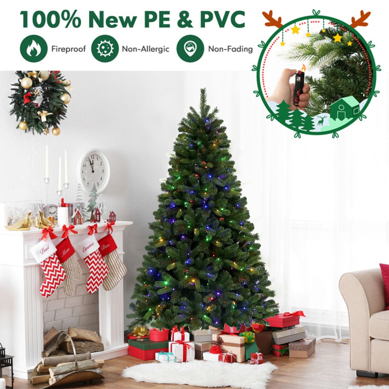 7ft Pre-Lit Artificial Christmas Tree, Hinged Xmas Tree with 400 Multi-Color LED Lights, 1350 PVC and PE Branch Tips, for Holiday Party Office Home Decor