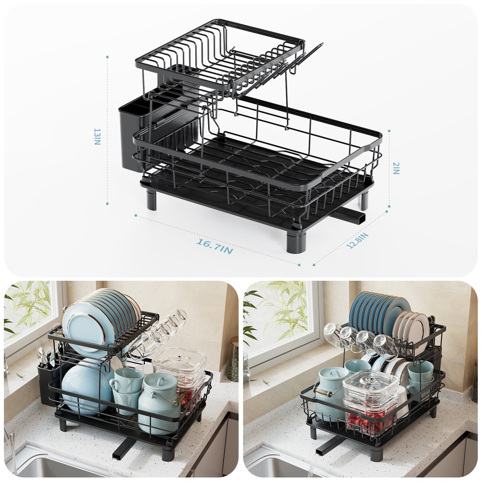 Fenbeli 2-Tier Dish Drying Rack,Dish Rack with Cutlery and Utensil Holders for Kitchen Counter,Black