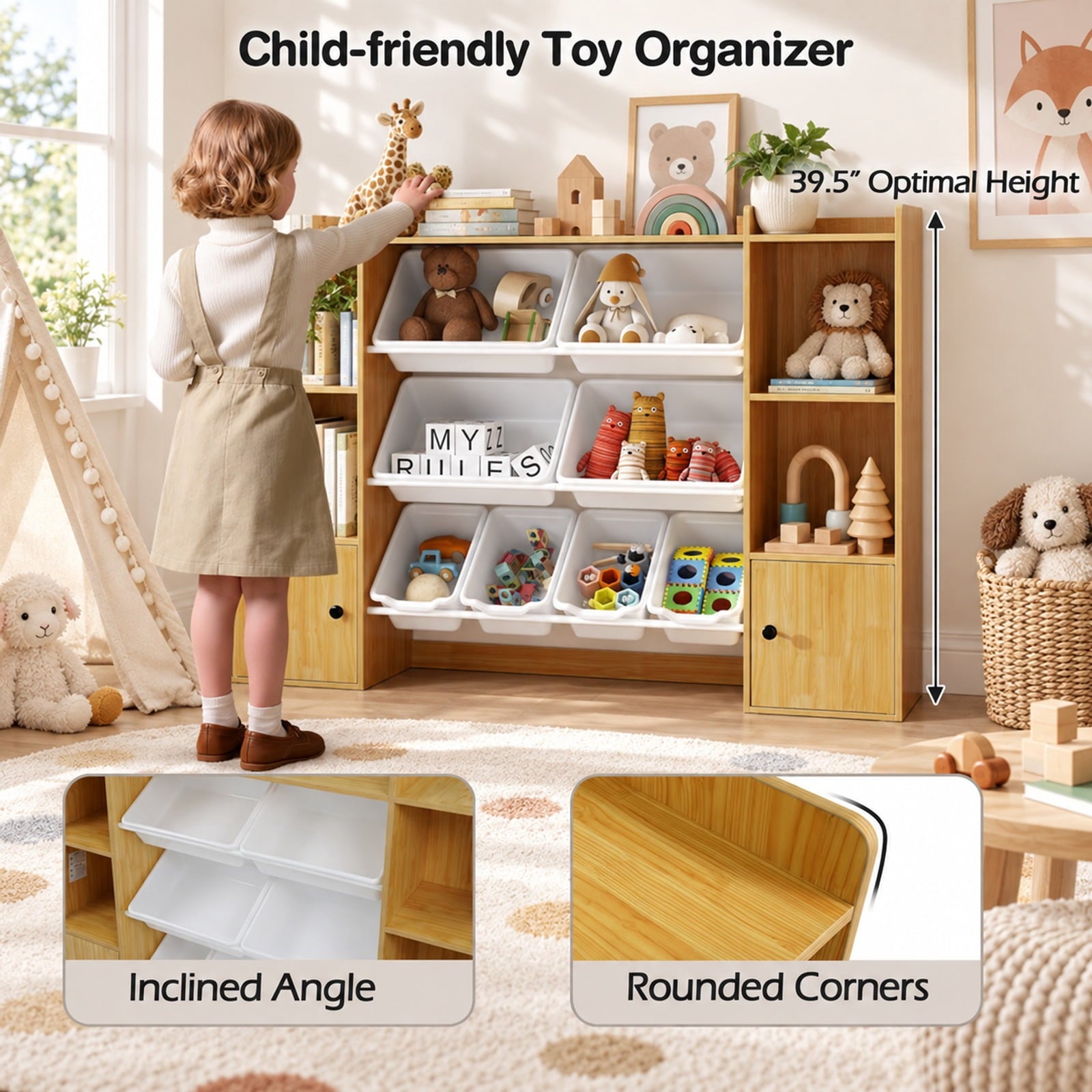 Fenbeli Kids Toy Storage and Bookshelf with Boxes and Open Shelves, 385 lbs Capacity, Engineered Wood Frame, for 3+ Years Old Total, Beige