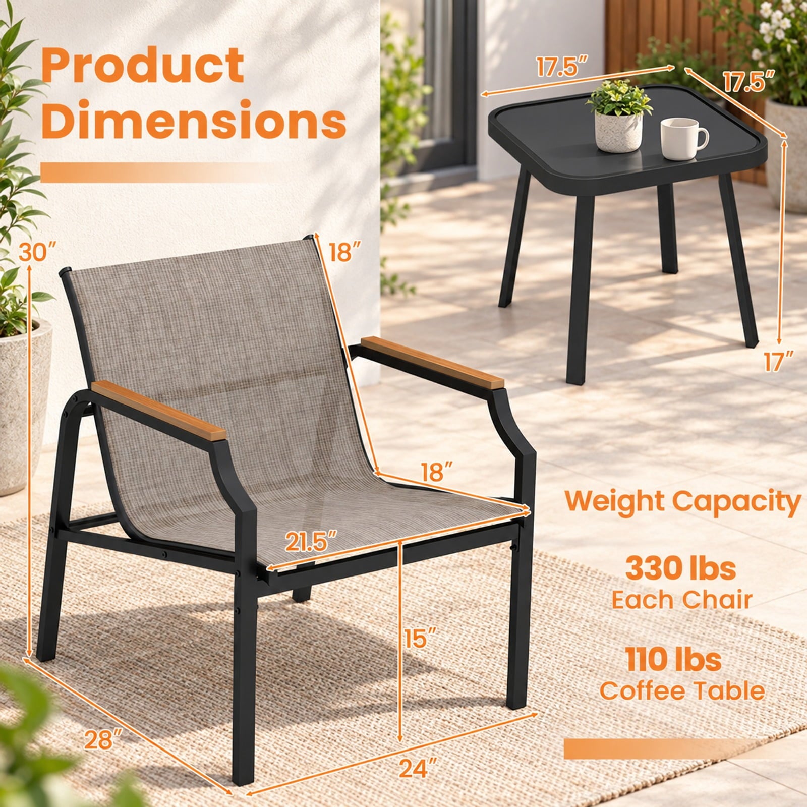 Fenbeli 3 Piece Outdoor Chair Set with Breathable Fabric Seat and Armrests, Chair 330 lbs Capacity, Metal Fabric Tempered Glass PS Frame, Brown