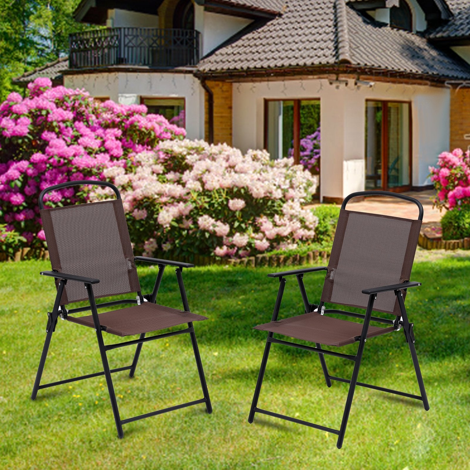 TBKLEY 2pcs Patio Folding Sling Back Chair with Armrests, Portable Metal Outdoor Chairs for Indoor Outdoor Garden Poolside Yard, Brown