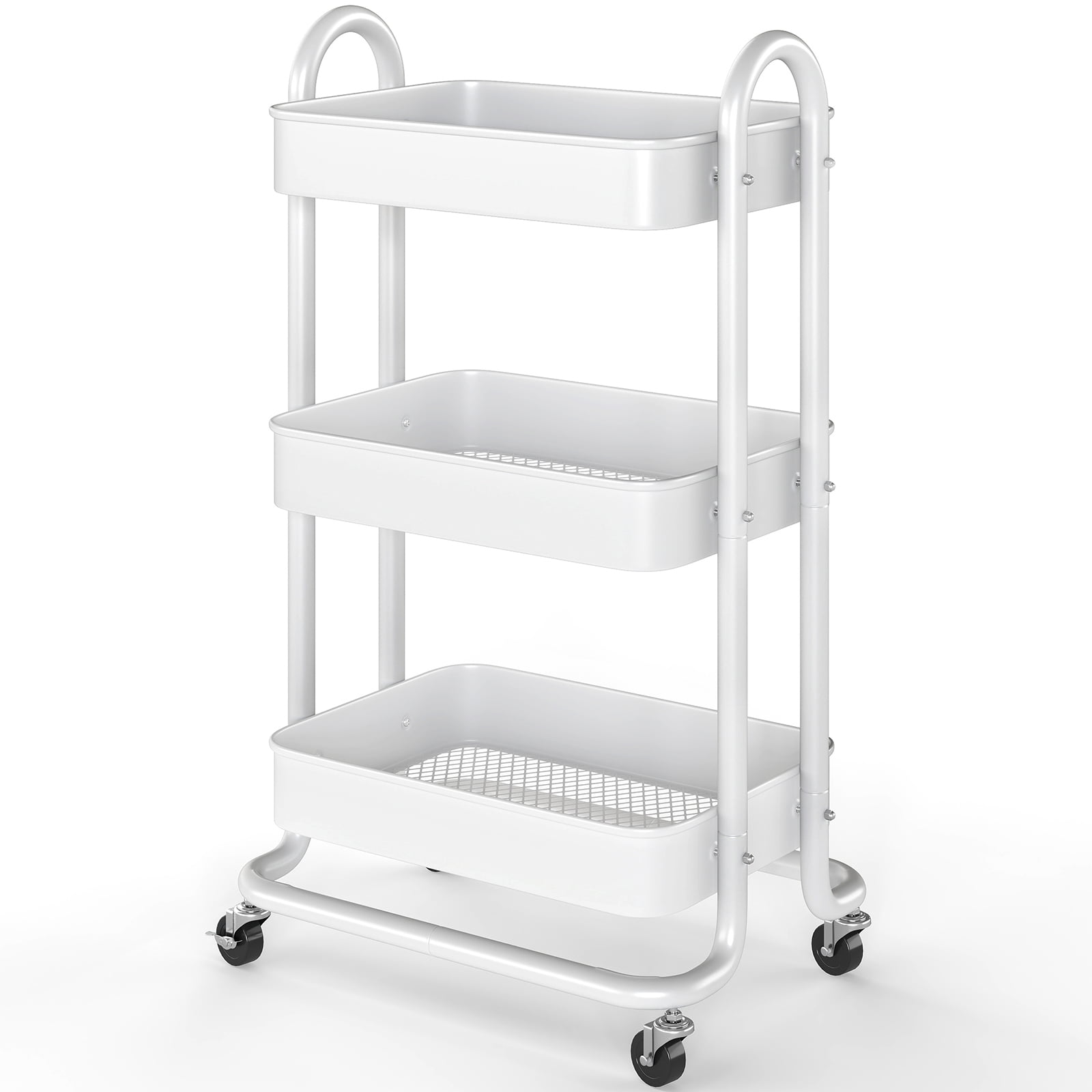Fenbeli 3-Tier Metal Rolling Utility Cart with Wheels, White, 18L x 13.4W x 31H