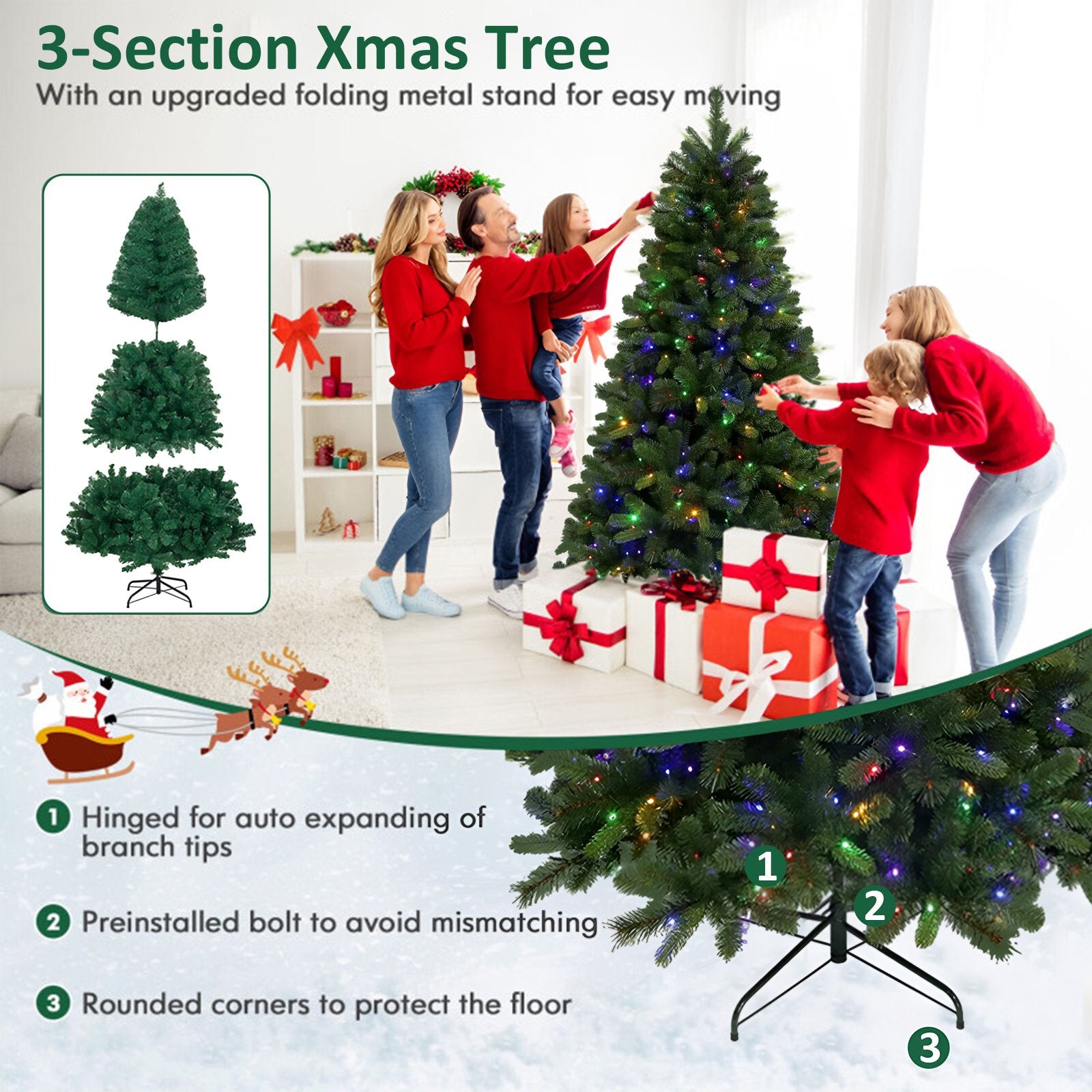 7ft Pre-Lit Artificial Christmas Tree, Hinged Xmas Tree with 400 Multi-Color LED Lights, 1350 PVC and PE Branch Tips, for Holiday Party Office Home Decor