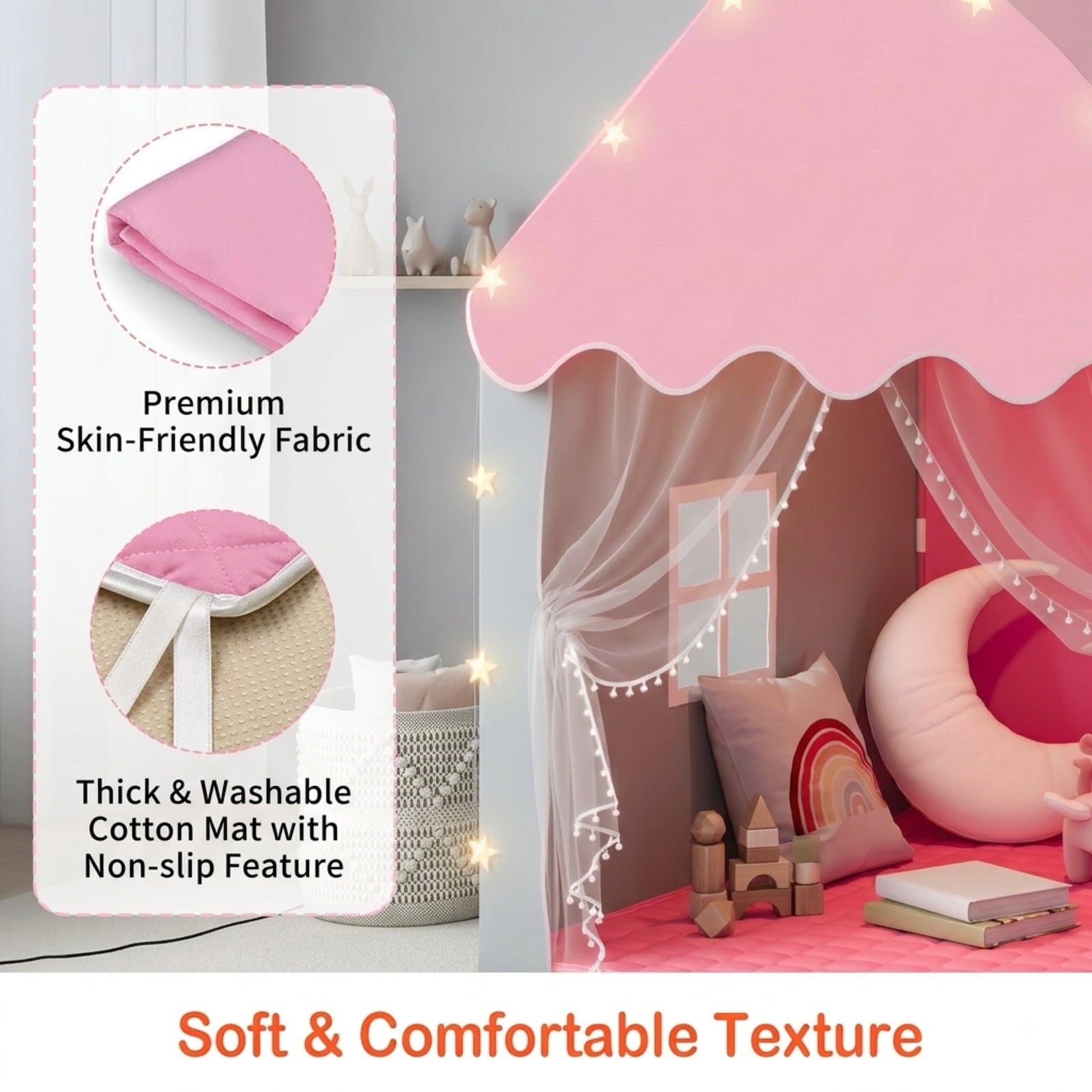 Fenbeli 2-in-1 Kids Play Tent with Padded Mat and Star Lights, Indoor Outdoor Playhouse with Windows, Pink and Gray