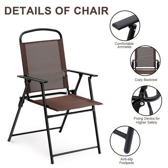 TBKLEY 2pcs Patio Folding Sling Back Chair with Armrests, Portable Metal Outdoor Chairs for Indoor Outdoor Garden Poolside Yard, Brown