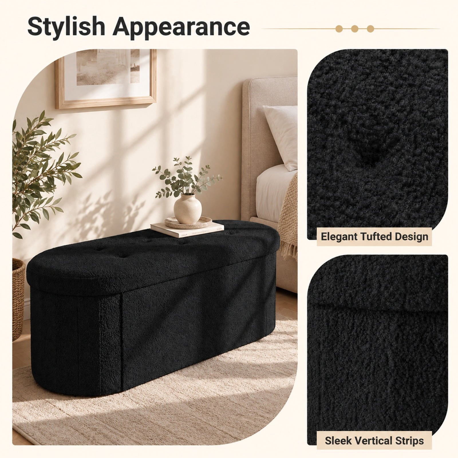 Fenbeli 43 Folding Teddy Storage Ottoman Bench with Dividers for Living Room and Bedroom, 43 x 15 x 16Inner Footprint, Black