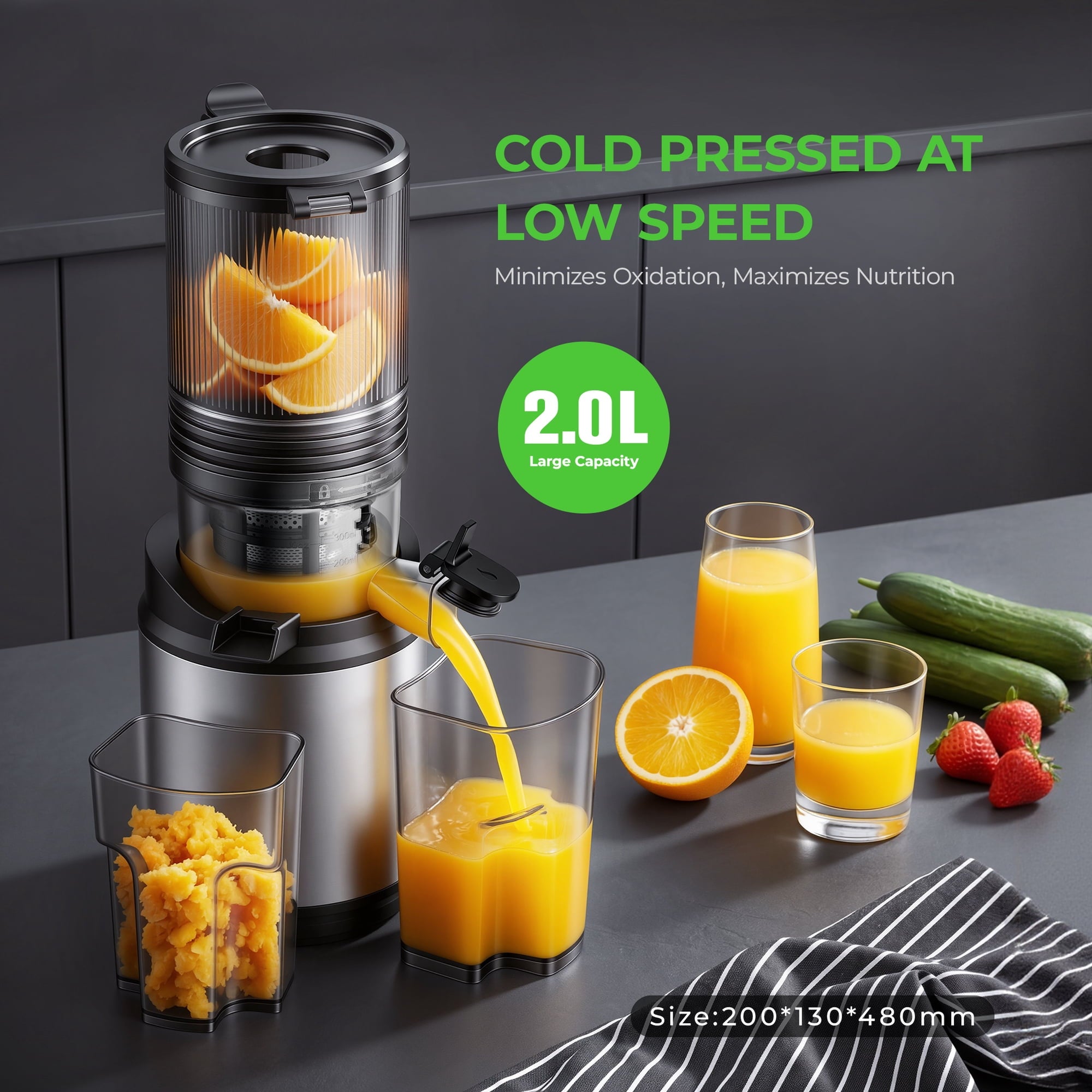 Fenbeli Slow Juicer, Cold Press Juicer Machine, 150W Masticating Juicer for Fruits and Vegetables, 2L Capacity, Black