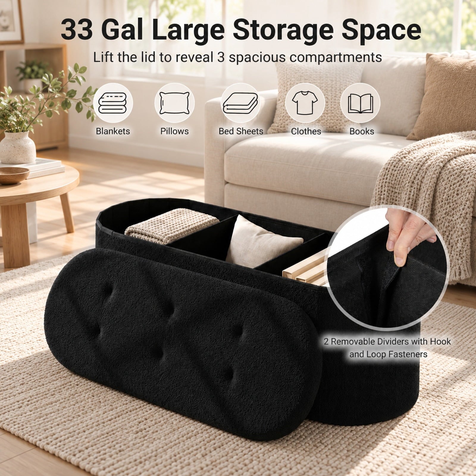 Fenbeli 43 Folding Teddy Storage Ottoman Bench with Dividers for Living Room and Bedroom, 43 x 15 x 16Inner Footprint, Black