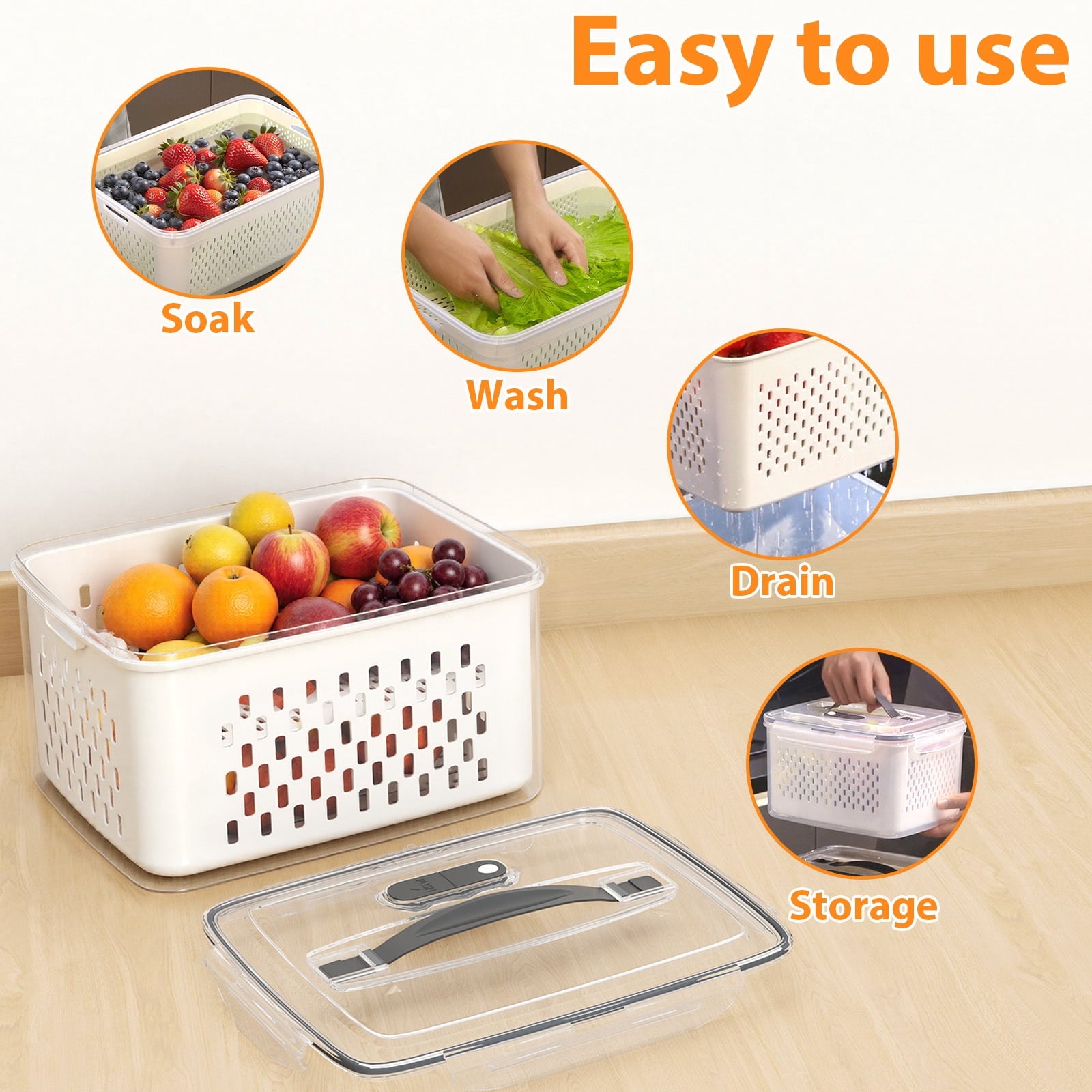 Fenbeli Fruit Vegetable Storage Containers for Fridge, 6 Pack Produce Saver with Lids and Removable Colander, BPA-Free Airtight Fresh Keeper with Adjustable Vent and Divider, Refrigerator Organizer Set
