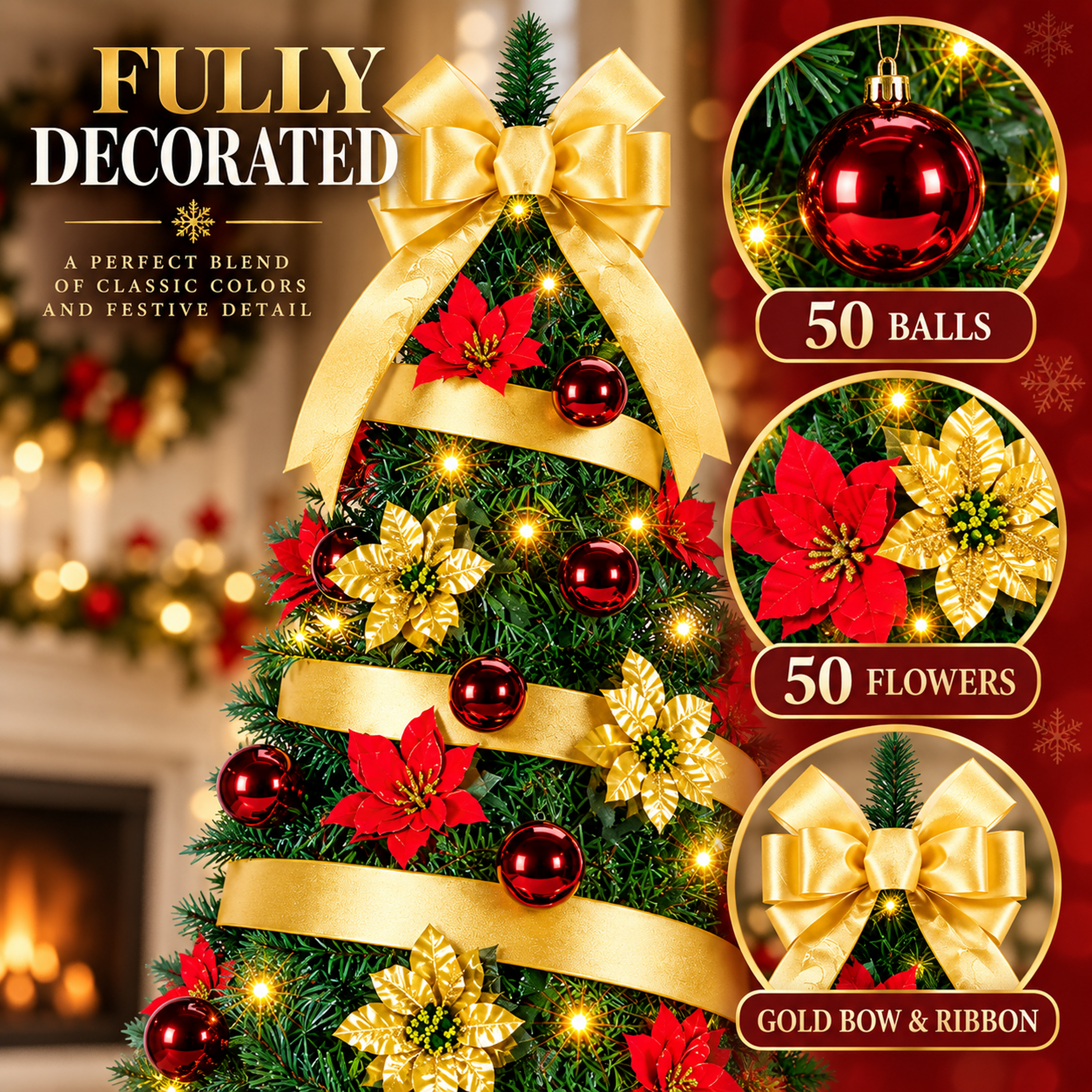 Fenbeli 6ft Pop-Up Pre-Lit Pencil Christmas Tree, 200 LED Lights, 8 Modes, 50 Balls, 50 Flowers, Gold Bow for Holiday Party Decor