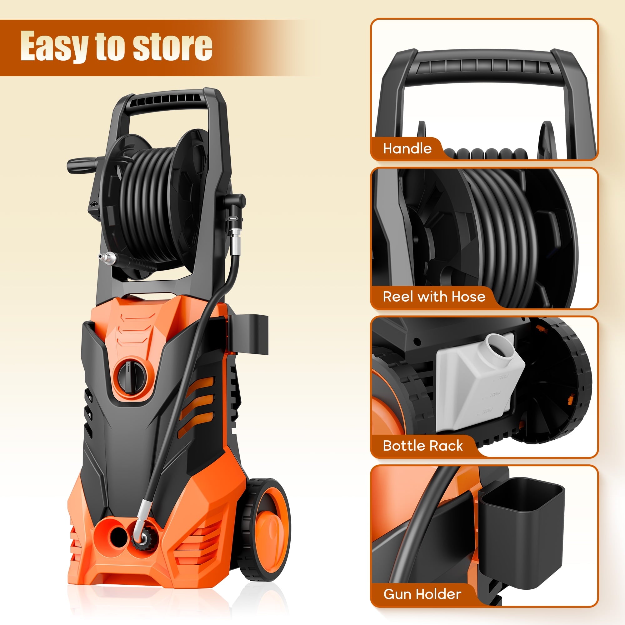 Fenbeli 3000 PSI Electric Pressure Washer, 2.0 GPM Power Washer with Hose Reel, 2000W High-Efficiency Cleaner for Cars, Homes, Driveways, and Decks