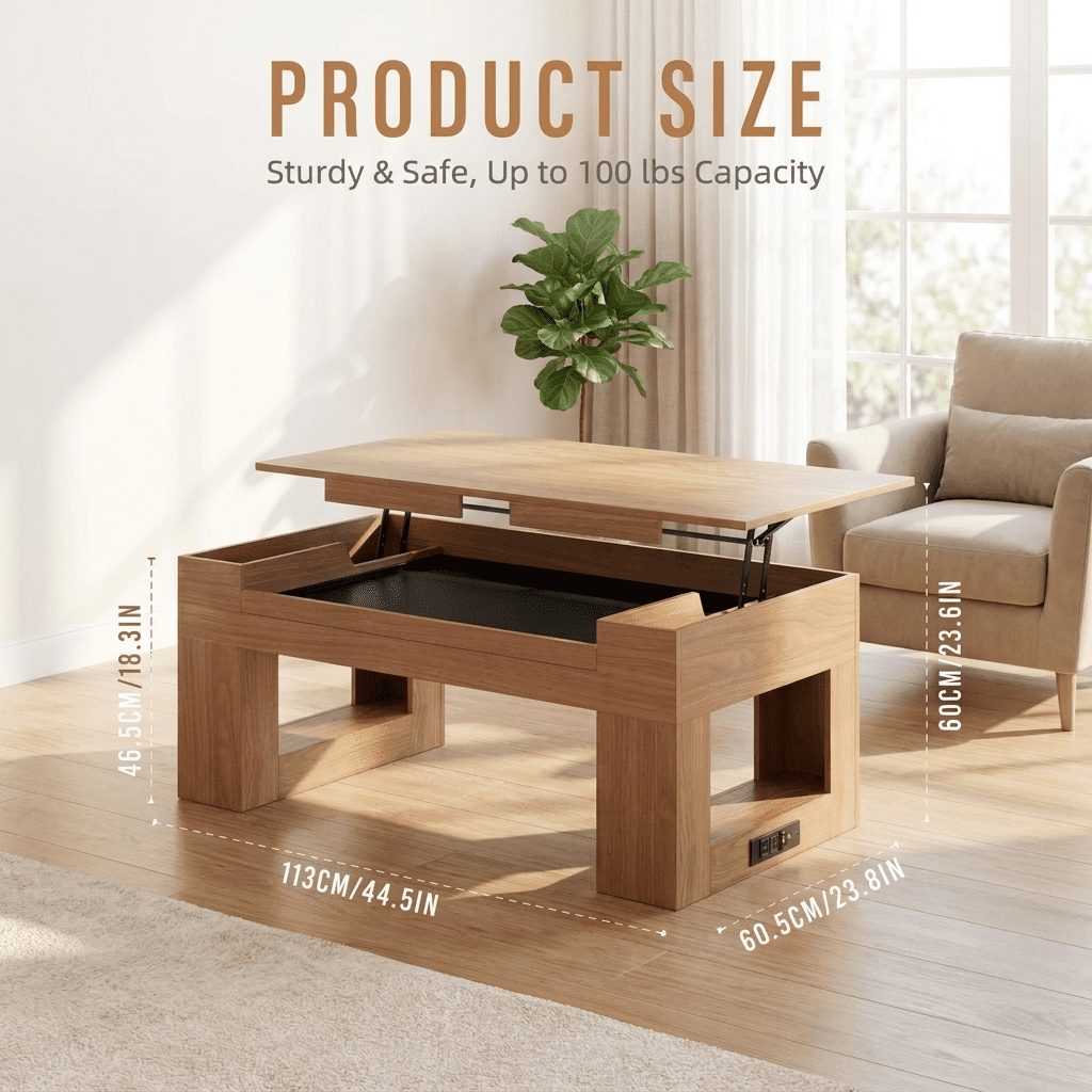 Furnibear Lift Top Coffee Table with Puzzle Tray and Charging Station for Living Room, Brown