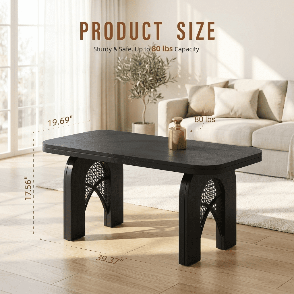 Furnibear Boho Coffee Table for Living Room with Woven Cane and Arched Wood Legs for Living Room,Black