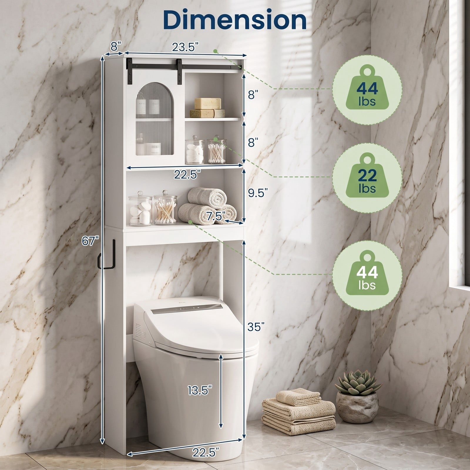Fenbeli Over The Toilet Storage Cabinet with Sliding Barn Door and Open Shelves, Farmhouse Bathroom Space Saver Organizer Over Toilet Rack with Side Hooks, White