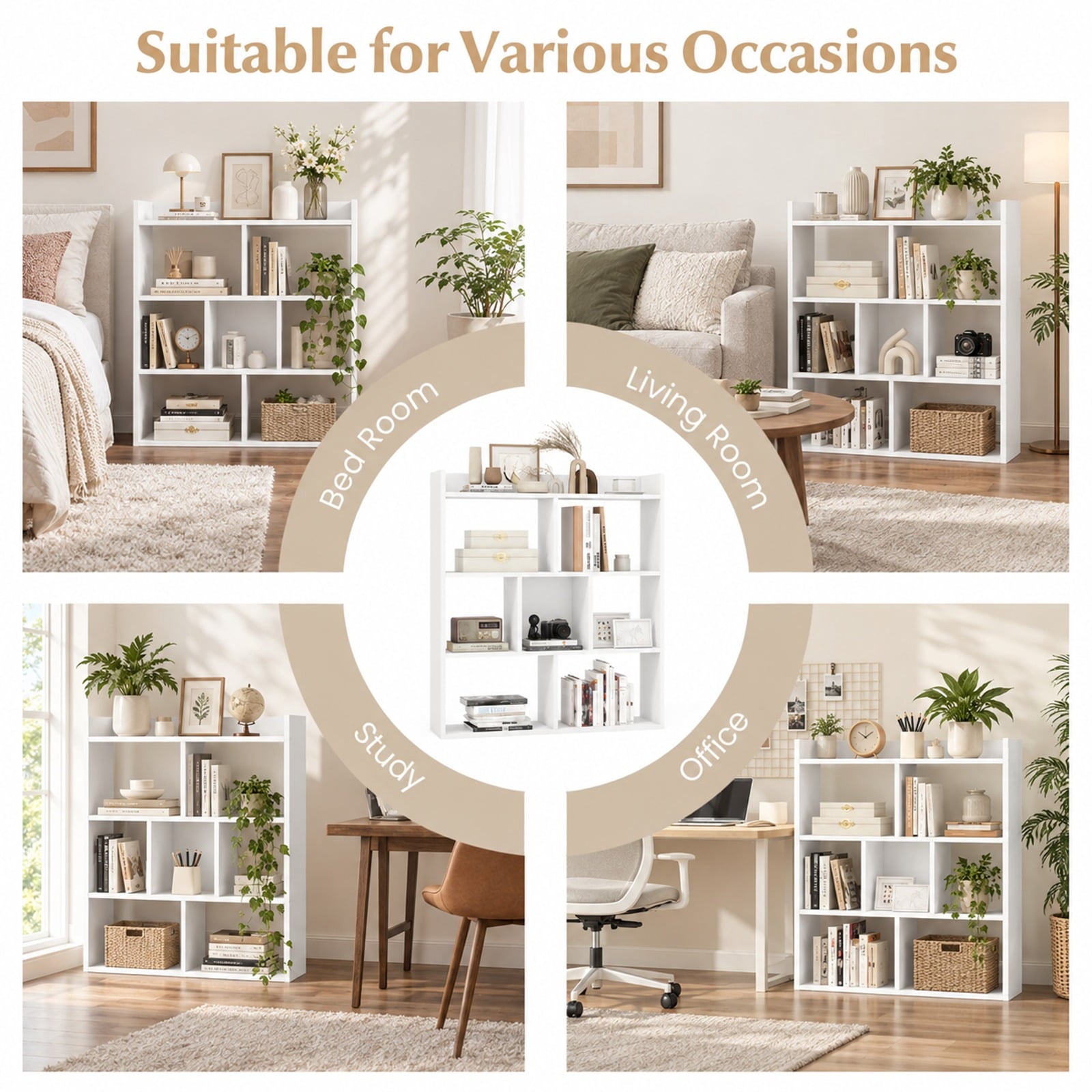 Fenbeli 7 Cubes Open-back Bookshelf with Anti-Toppling Devices, 88 lbs Capacity, 31.5 x 8 x 35.5 Footprint, White