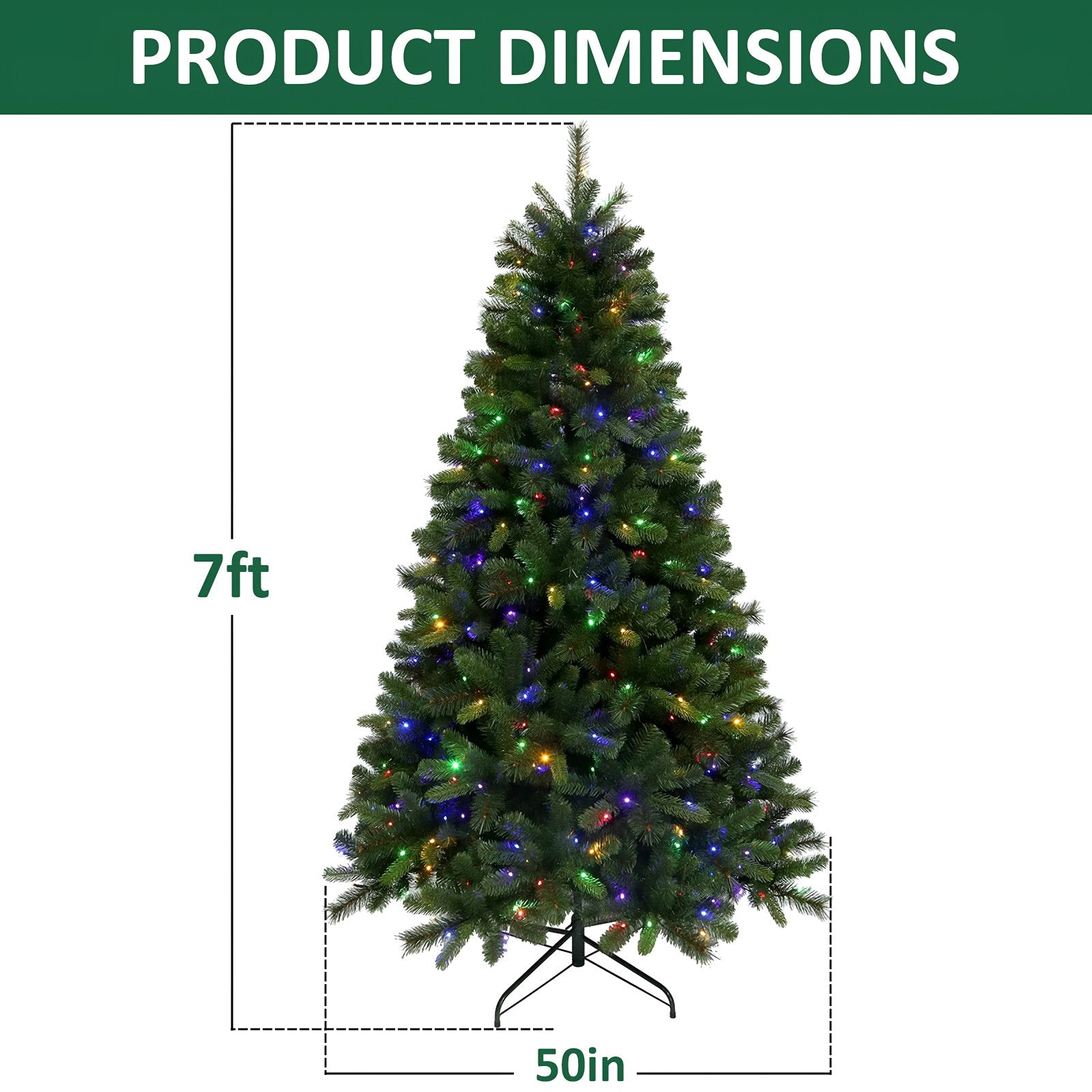 7ft Pre-Lit Artificial Christmas Tree, Hinged Xmas Tree with 400 Multi-Color LED Lights, 1350 PVC and PE Branch Tips, for Holiday Party Office Home Decor