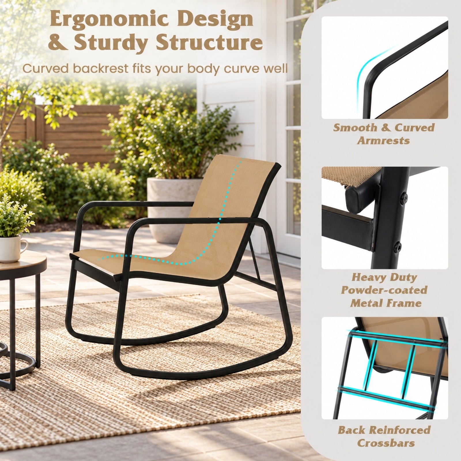 Fenbeli 2 Rocking Bistro Chairs and Glass-Top Table for Porch Yard Balcony, Rocking Chair 330 lbs Capacity, Metal Fabric Tempered Glass Frame, Brown