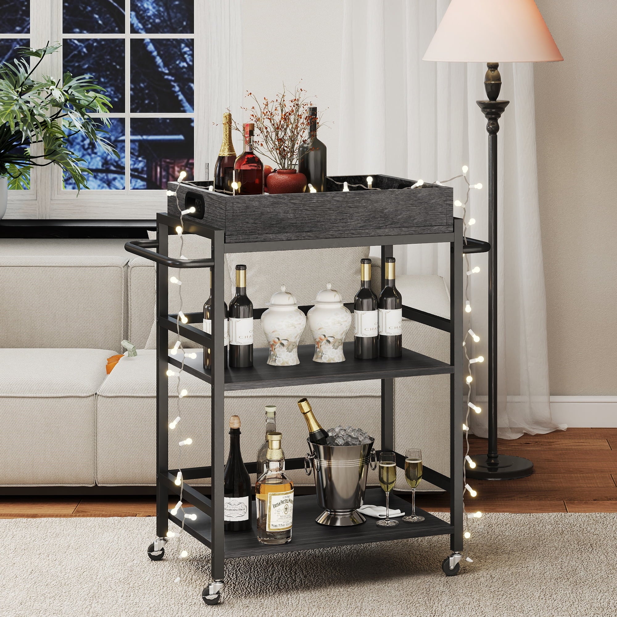 Fenbeli 3-Tier Rolling Kitchen Cart with Removable Wooden Storage Box and Wheels, Gray, 21.9L x 15.8W x 36.2H