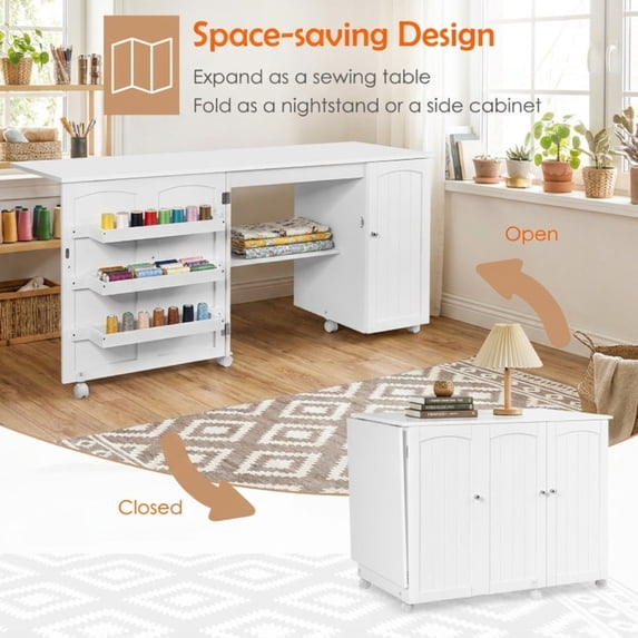 Furnibear Folding Large Sewing Table with Storage, White Computer Desk for Home Office, Bedroom, and Living Room