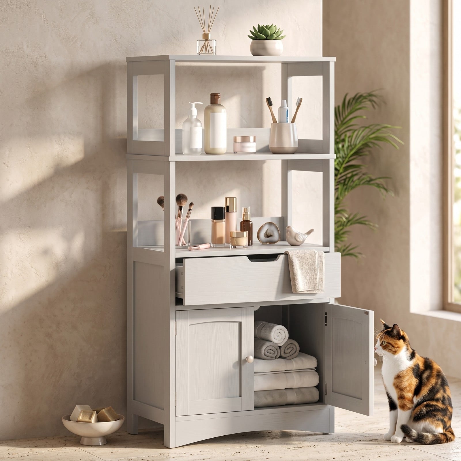 Fenbeli Bathroom Storage Cabinet, Freestanding Floor Cabinet with 3 Open Shelves, Pull-Out Drawer and 2 Doors, Anti-Toppling Wooden Organizer for Bathroom Kitchen, Gray