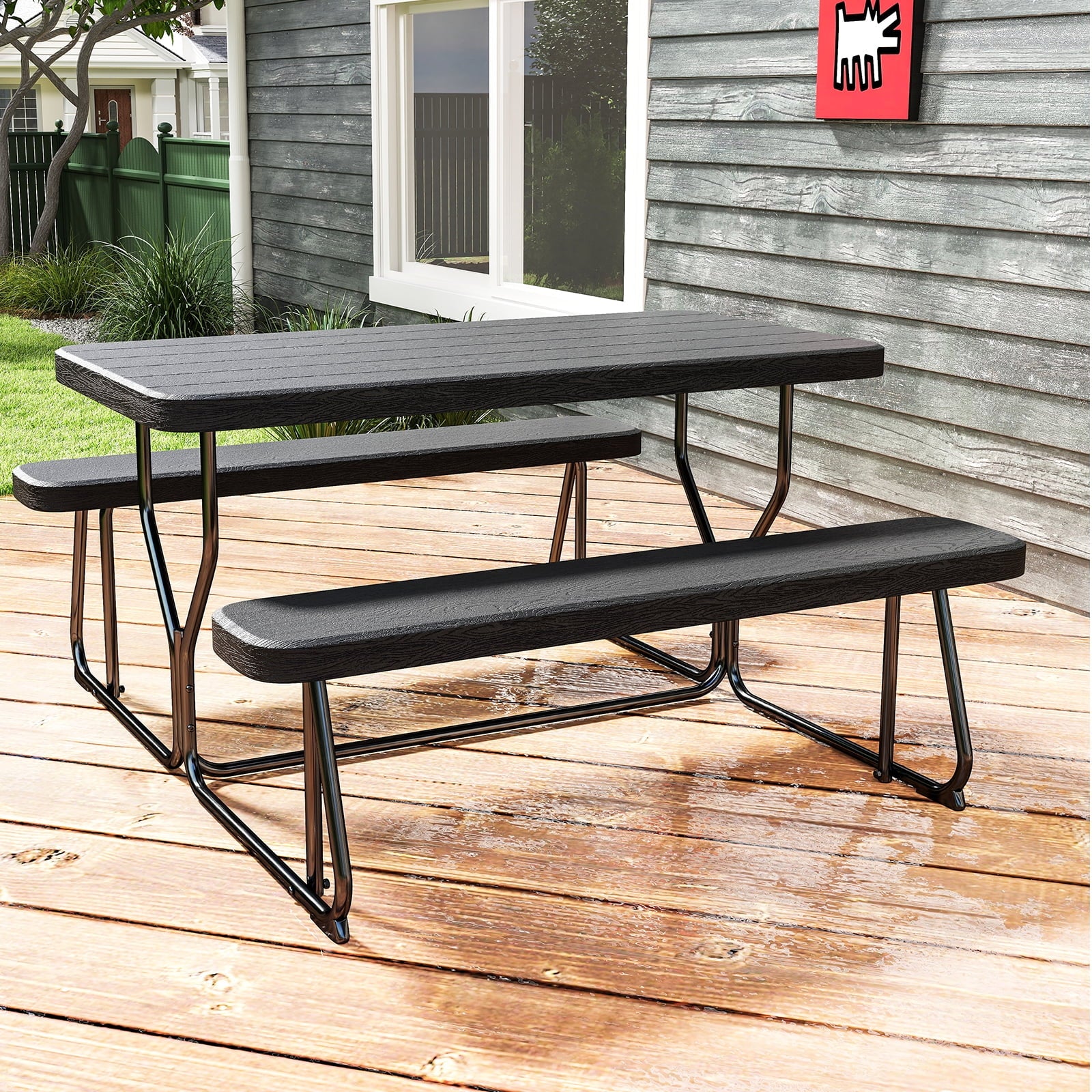 Fenbeli Outdoor Picnic Table Set Easy Assembly, 4 Adults Seating for BBQs, Camping, Patio, and More, Black