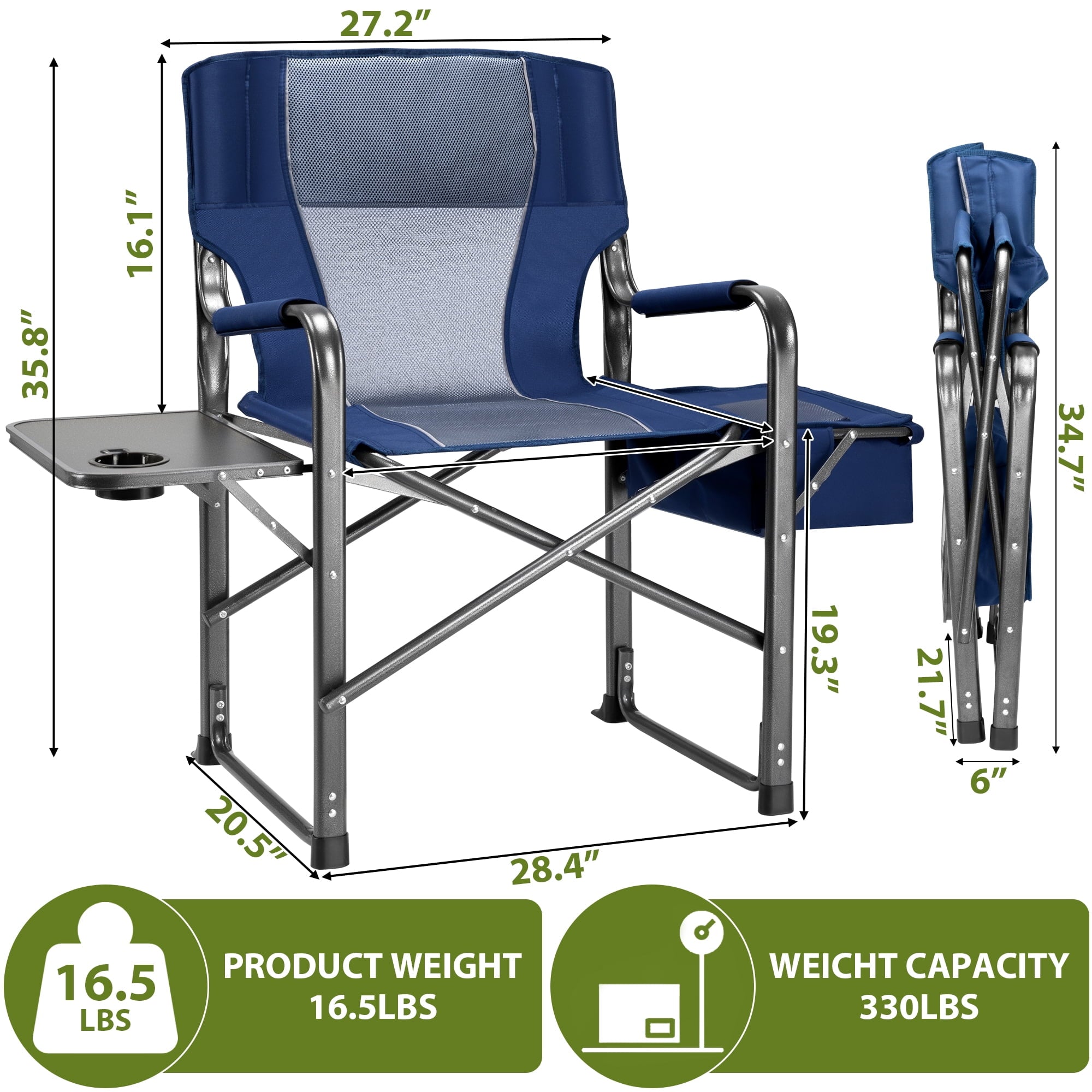 Fenbeli 300lbs Folding Camping Chairs with Cooler Bag and Table Lawn Chairs for Outside Sports Fishing Blue