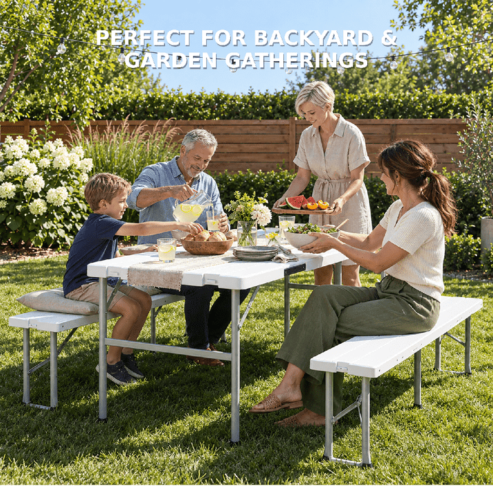 Fenbeli 6 FT Folding Picnic Table with 2 Benches, 660 lb Foldable Portable Picnic Set, 70 in Wood Grain HDPE Plastic Top, Steel Frame, Seats 4, Outdoor Camping Dining Table for Patio, Party, BBQ