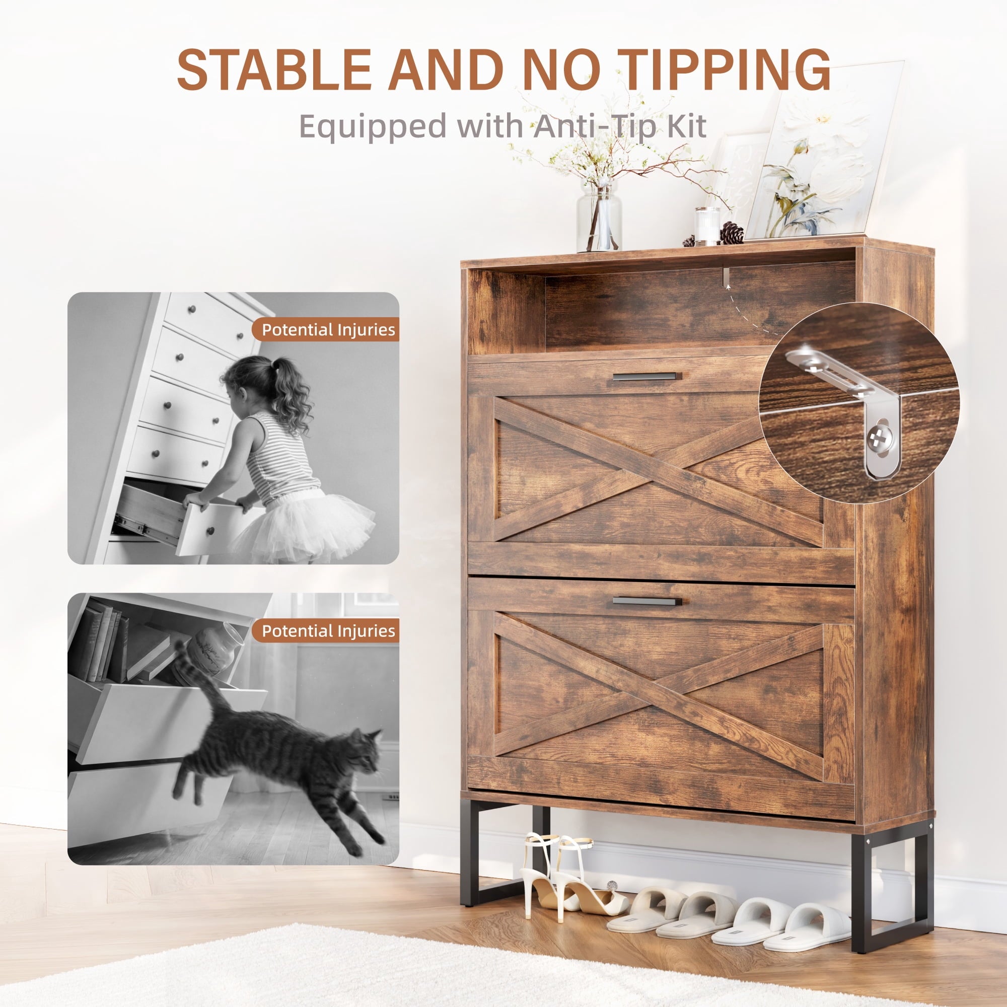Furnibear Shoe Cabinet with Flip Door Shoe Storage and Adjustable Shelves for Entryway and Closet, Burnt Wood