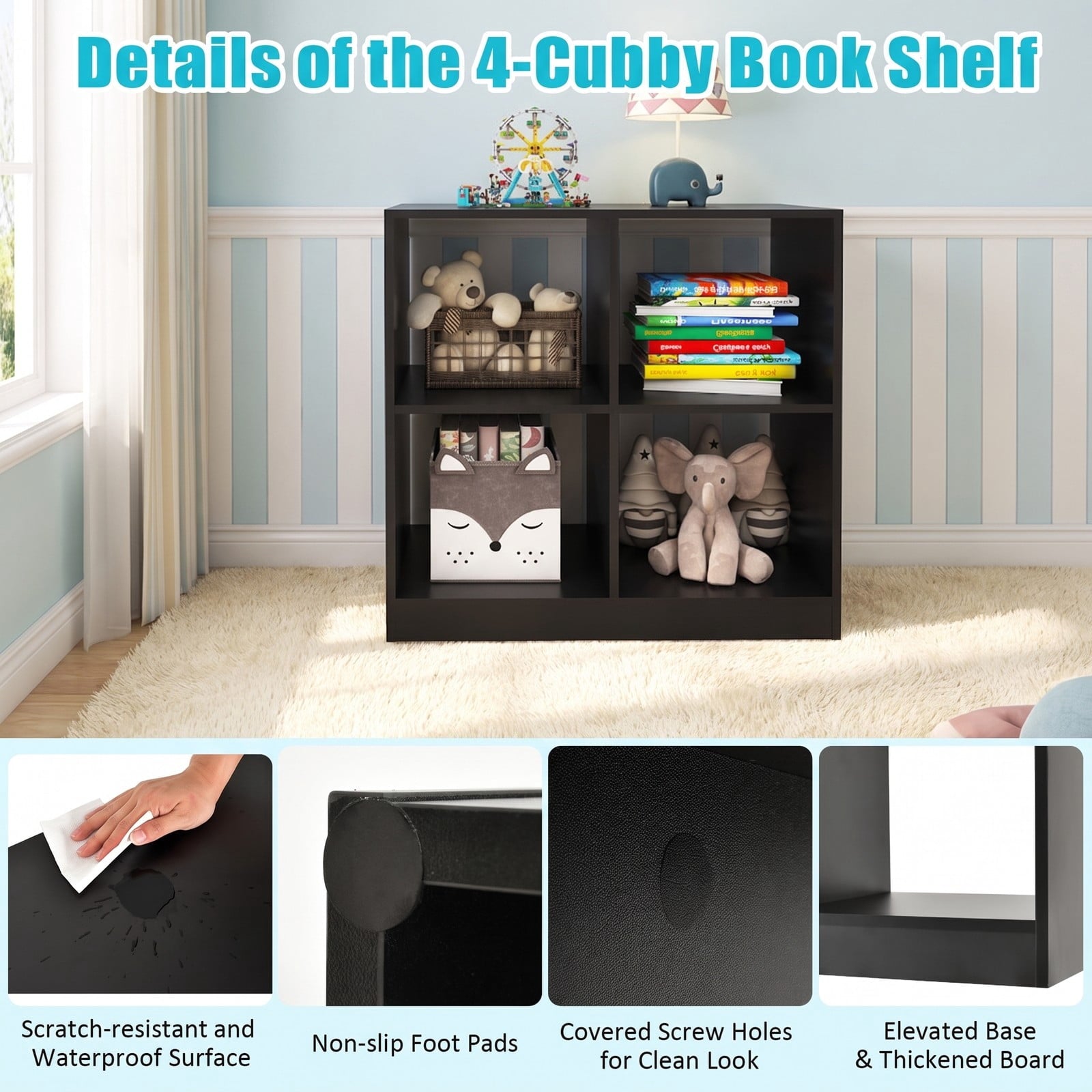 Fenbeli 4-Cube Kids Bookcase with Open Shelves, layer 60 lbs Capacity, Engineered wood Frame, 29 x 13 x 29 Footprint, Black