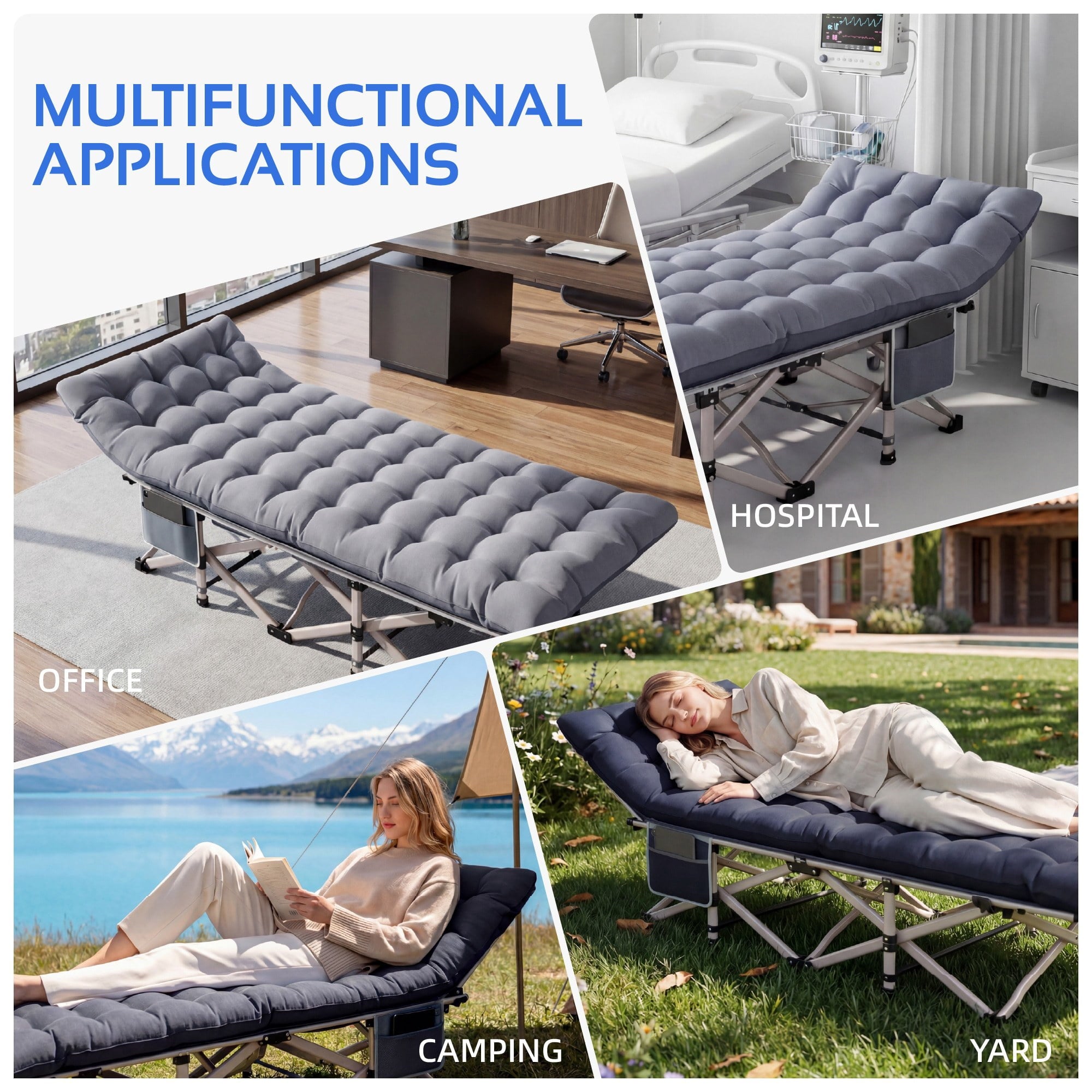 Fenbeli 2 Pack Camping Cot with Mattress Heavy Duty Folding Cot Bed for Adults, Black and Gray
