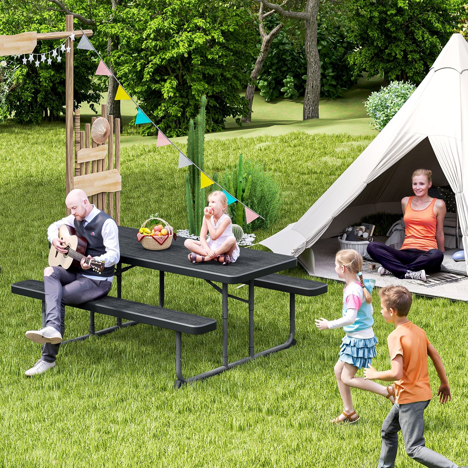 Fenbeli 6ft Outdoor Picnic Table with Benches Folding Picnic Table Set for Camping, BBQ, and Patio Use, Black