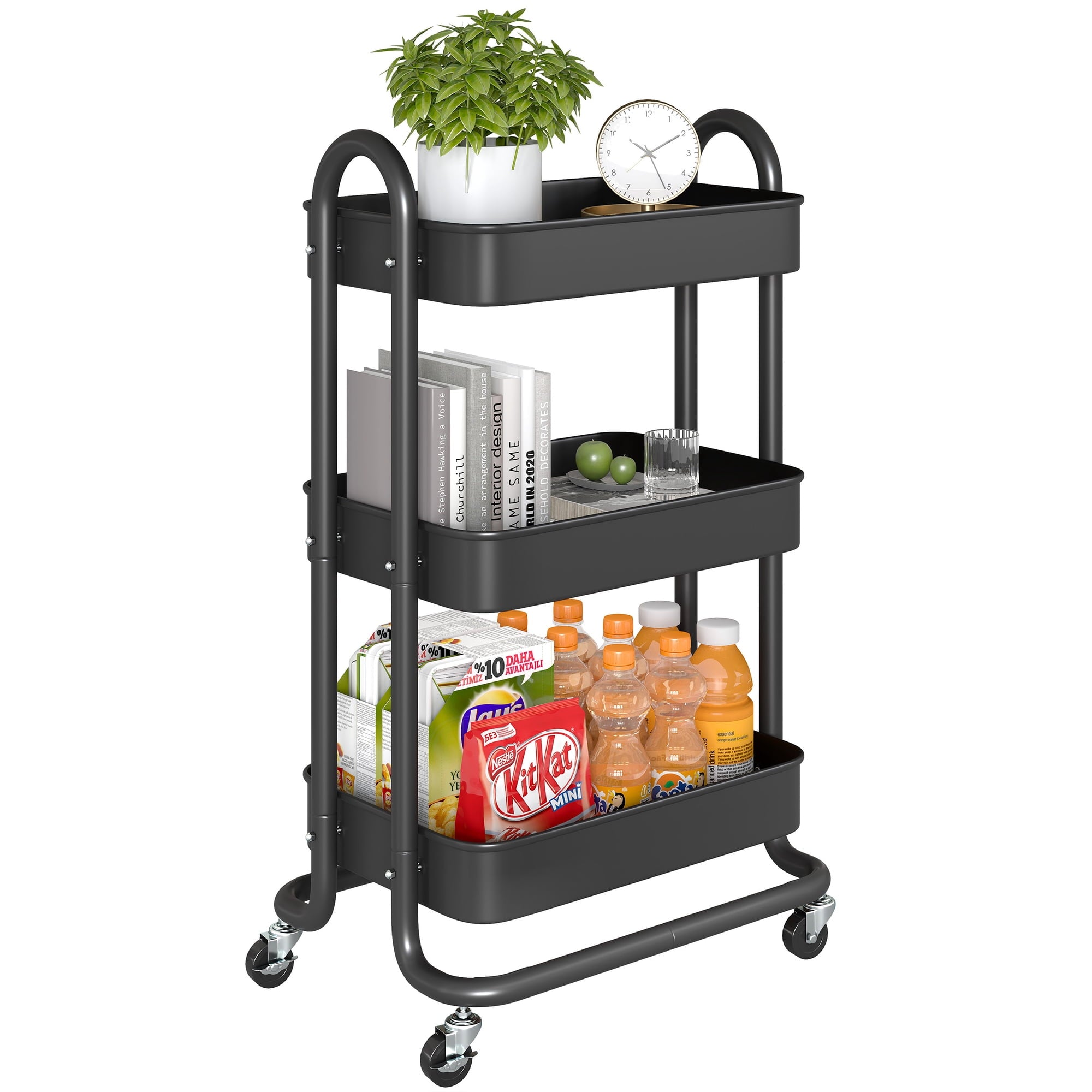 Fenbeli 3-Tier Metal Rolling Utility Cart with Wheels, black, 18L x 13.4W x 31H