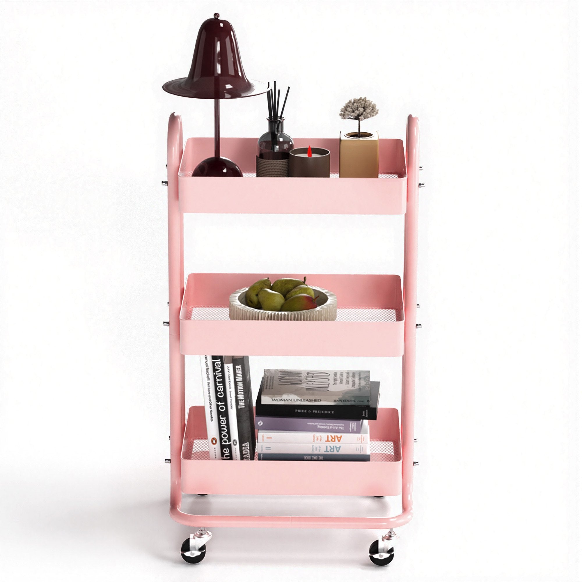 Fenbeli 3-Tier Metal Rolling Utility Cart with Wheels, pink, 18L x 13.4W x 31H