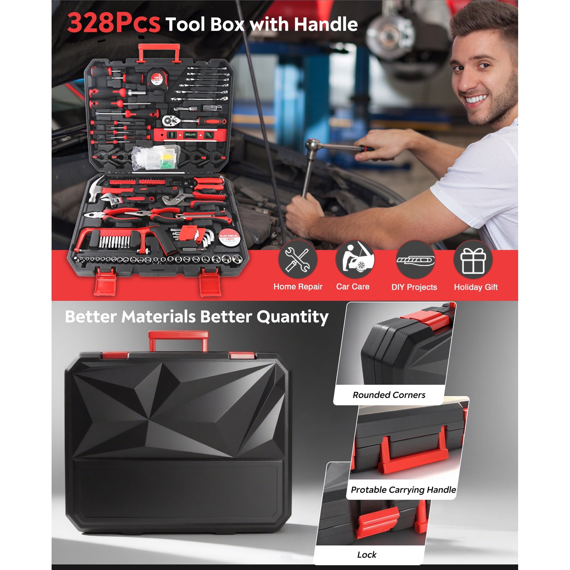 Fenbeli 328 Piece Home Tool Kit, Household Hand Tool Set with Portable Carrying Case, General Home/Auto Repair Tool Set for Men Women