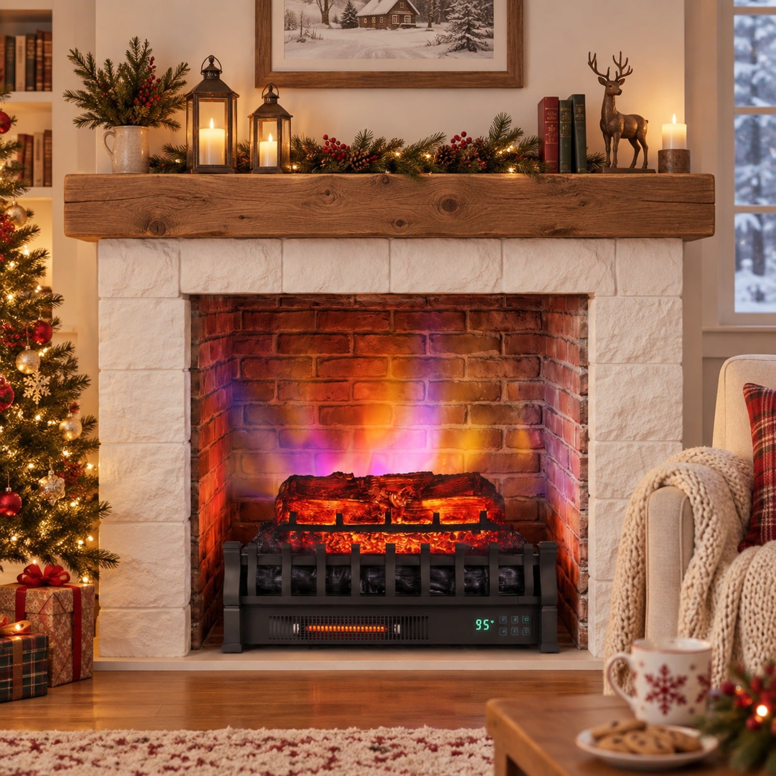 Fenbeli 23 WiFi Fireplace Insert Pinewood Set with App and Remote, Metal Resin Frame, 23 x 8.9 x 12.6 Cord Length 5.8 ft Footprint, Black