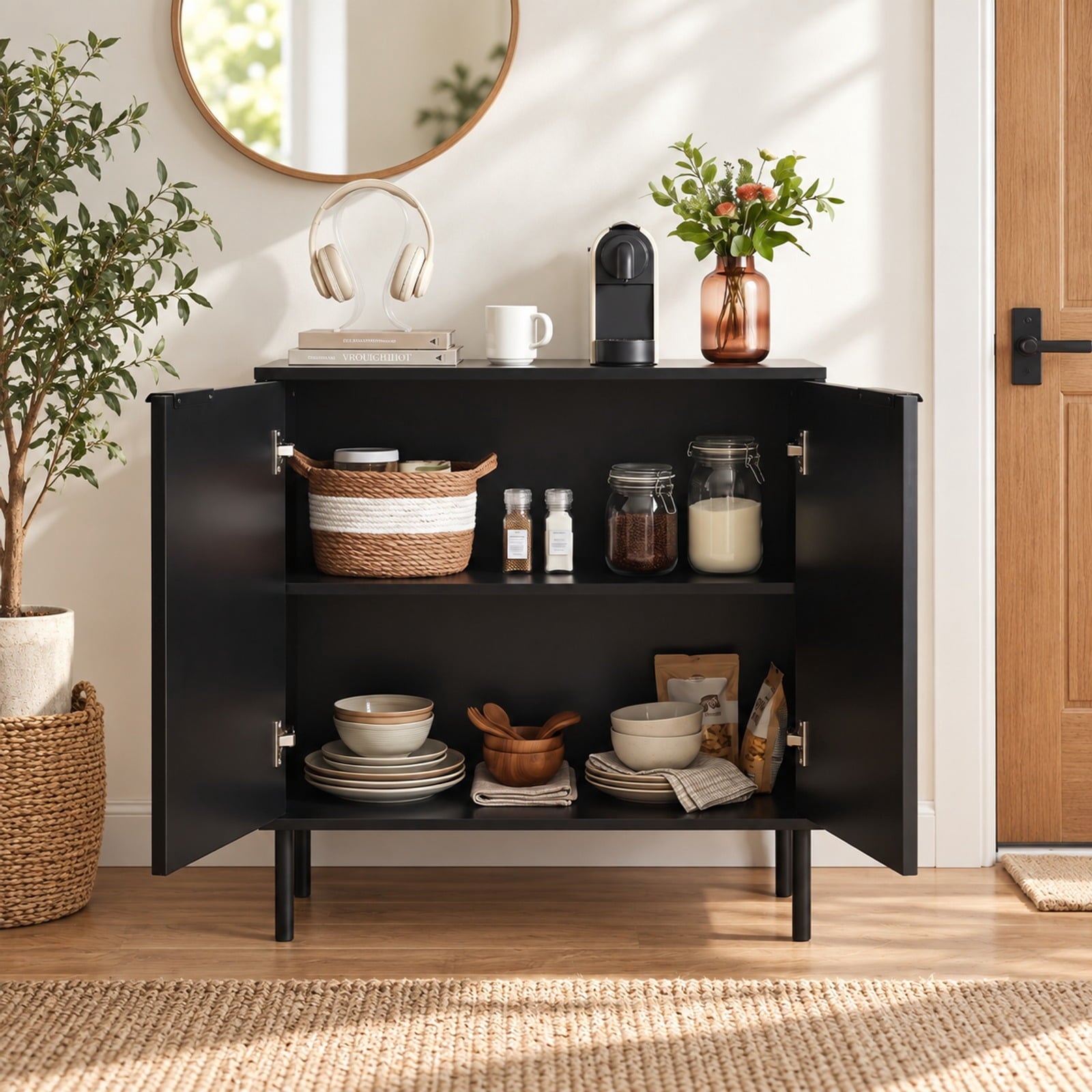 Fenbeli Fluted Buffet Cabinet with 2-Door Sideboard for Kitchen and Dining Room, Black, Metal legs provide strong and reliable support