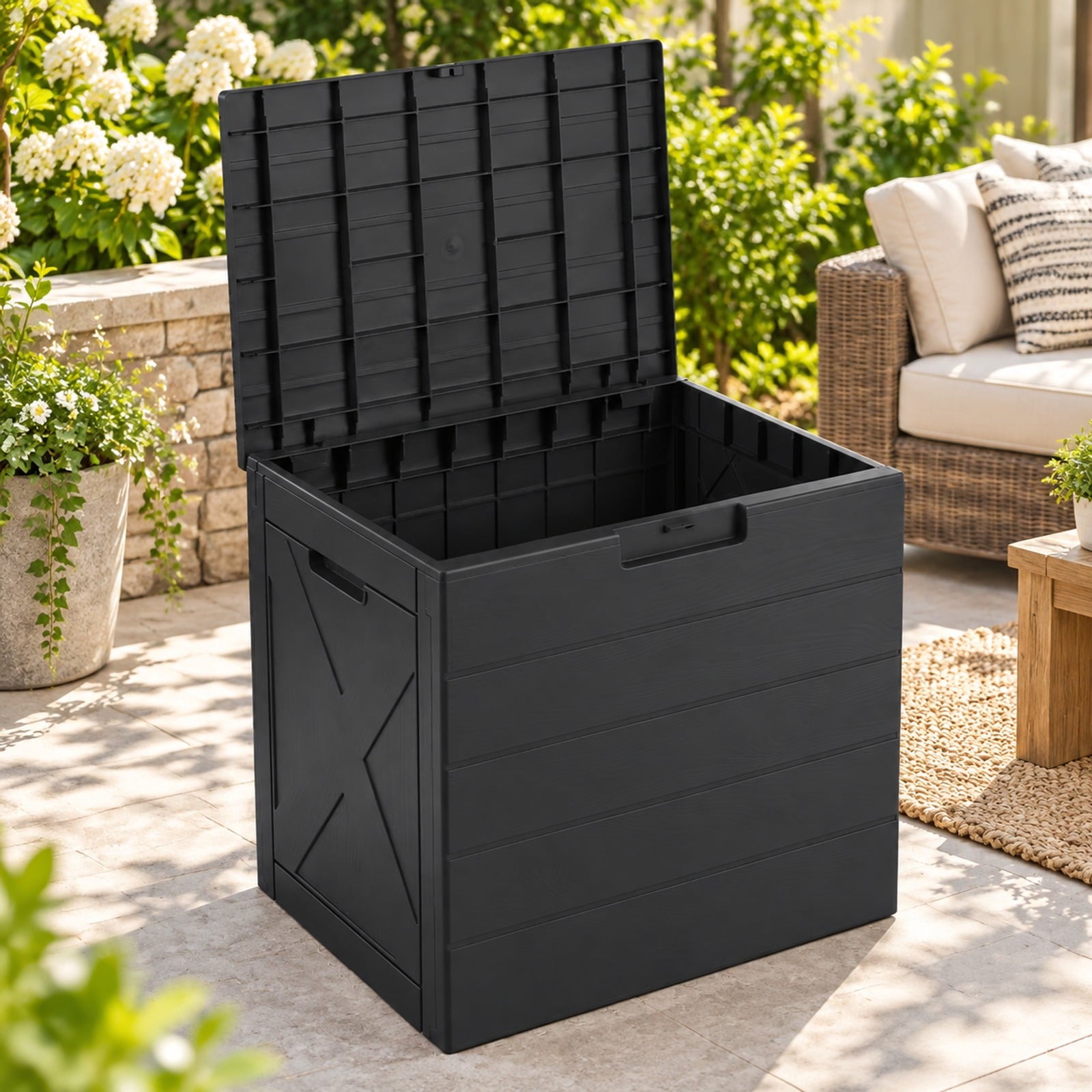 Fenbeli 25 Gallon Storage Bin with Lid Carry Handles and Lock Hole for Patio Furniture Accessories, 110 lbs Capacity, PP Frame, Black