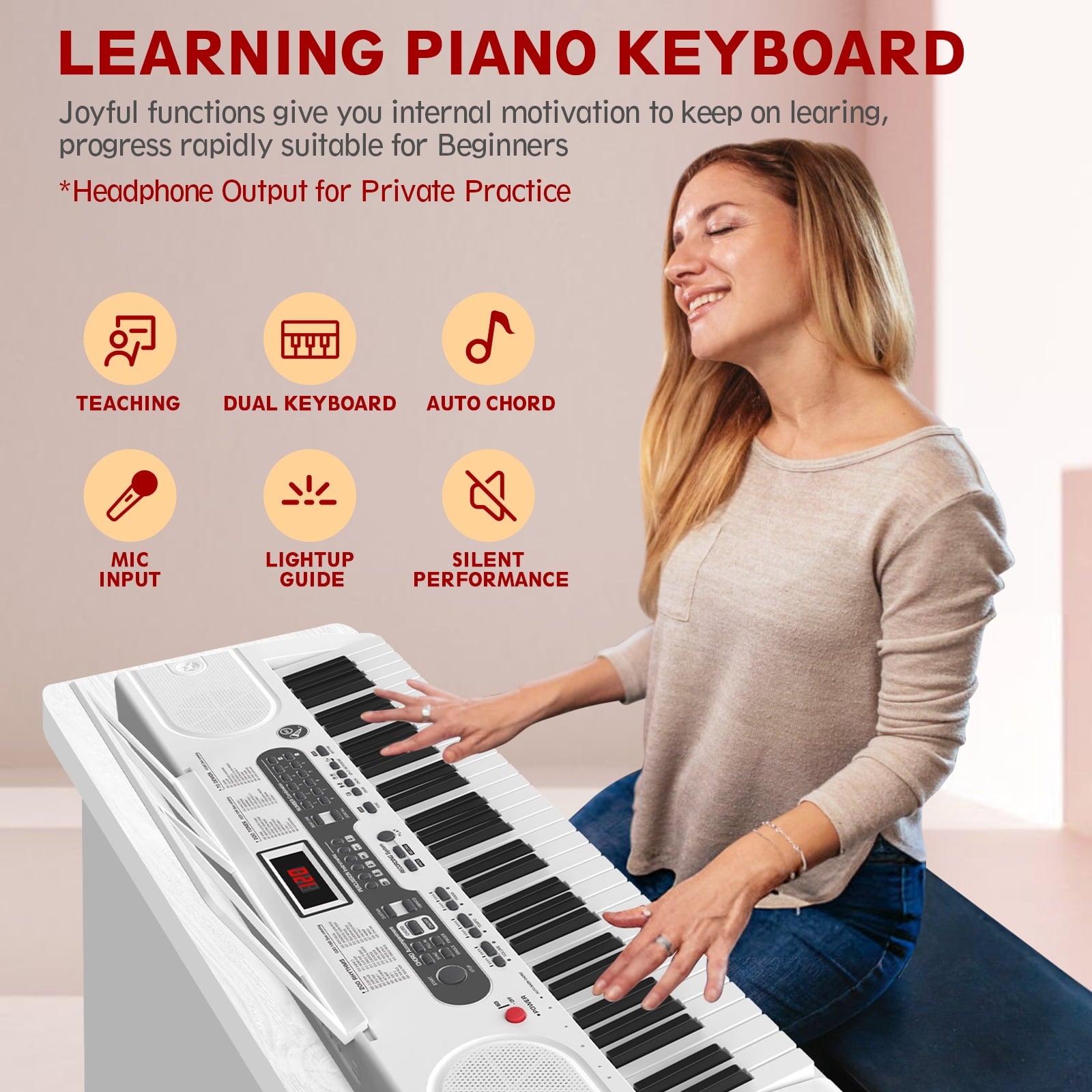 Fenbeli 61 Key Piano Keyboard with Lighted Keys Electric Keyboard Kit with Stand, Bench, Headphones, Built-in Speakers, White