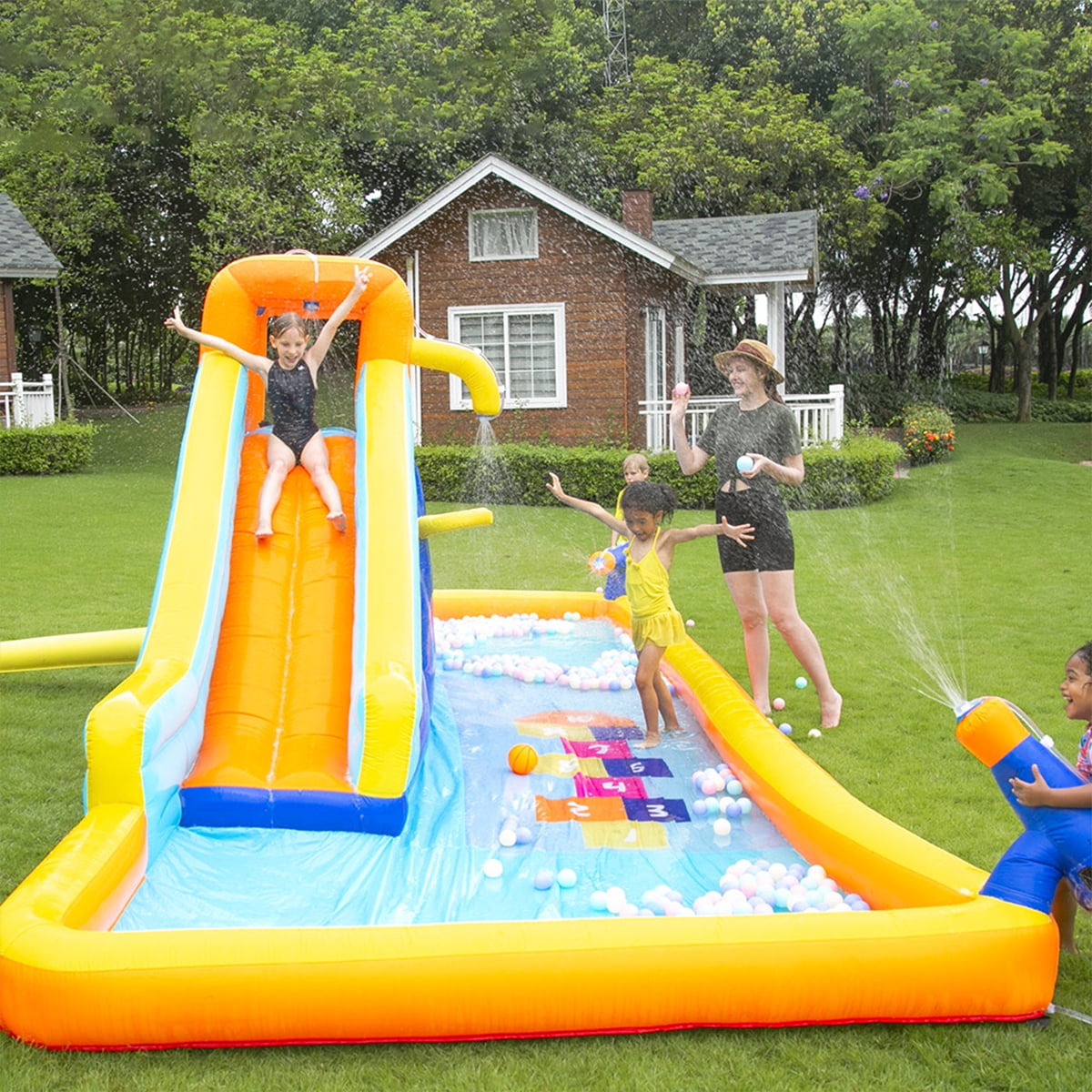 Fenbeli Inflatable Water Slide with Spray Pool, 2 Water Guns, Climbing Wall, Basketball Hoop, and Inflatable Bounce House with 450W Blower
