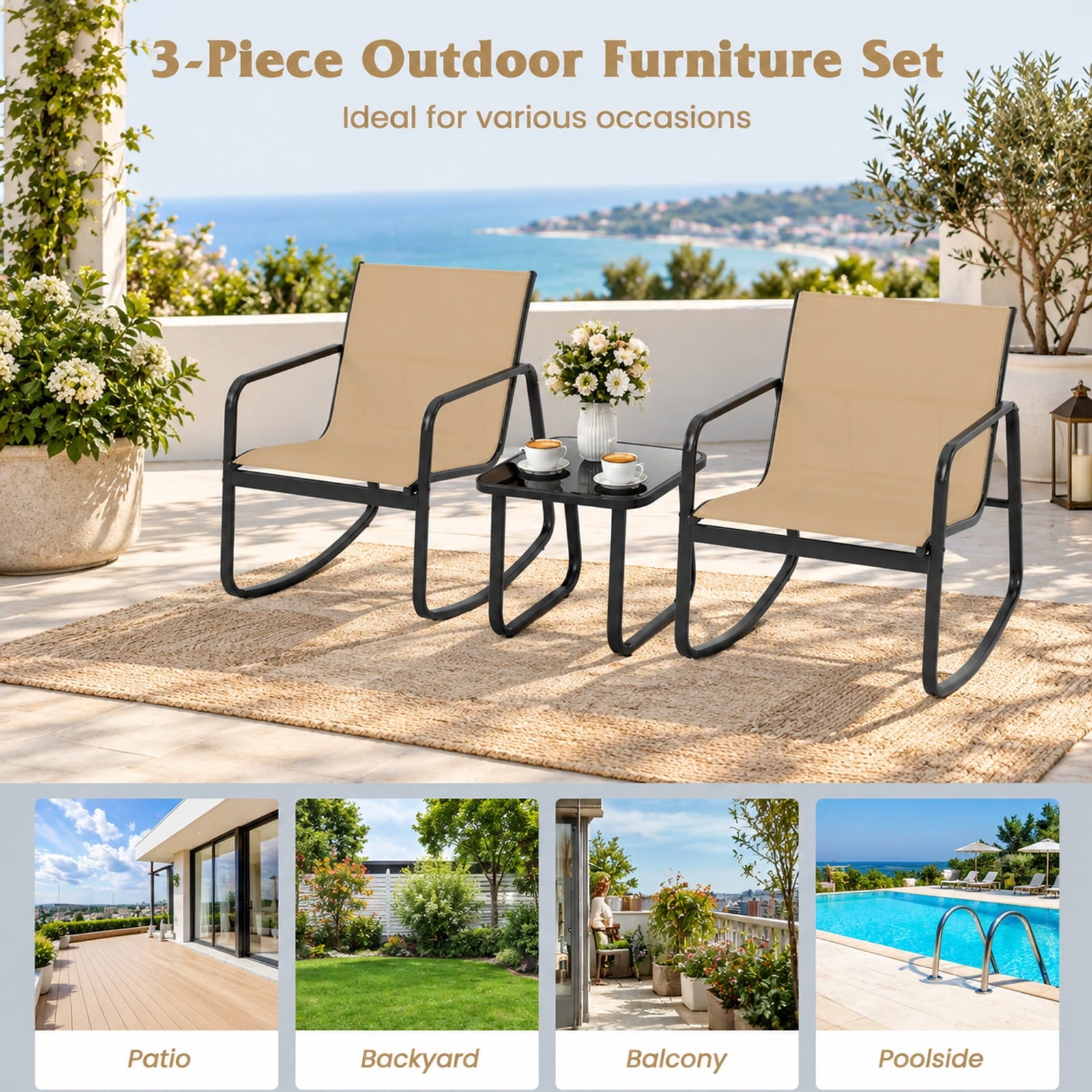 Fenbeli 2 Rocking Bistro Chairs and Glass-Top Table for Porch Yard Balcony, Rocking Chair 330 lbs Capacity, Metal Fabric Tempered Glass Frame, Brown