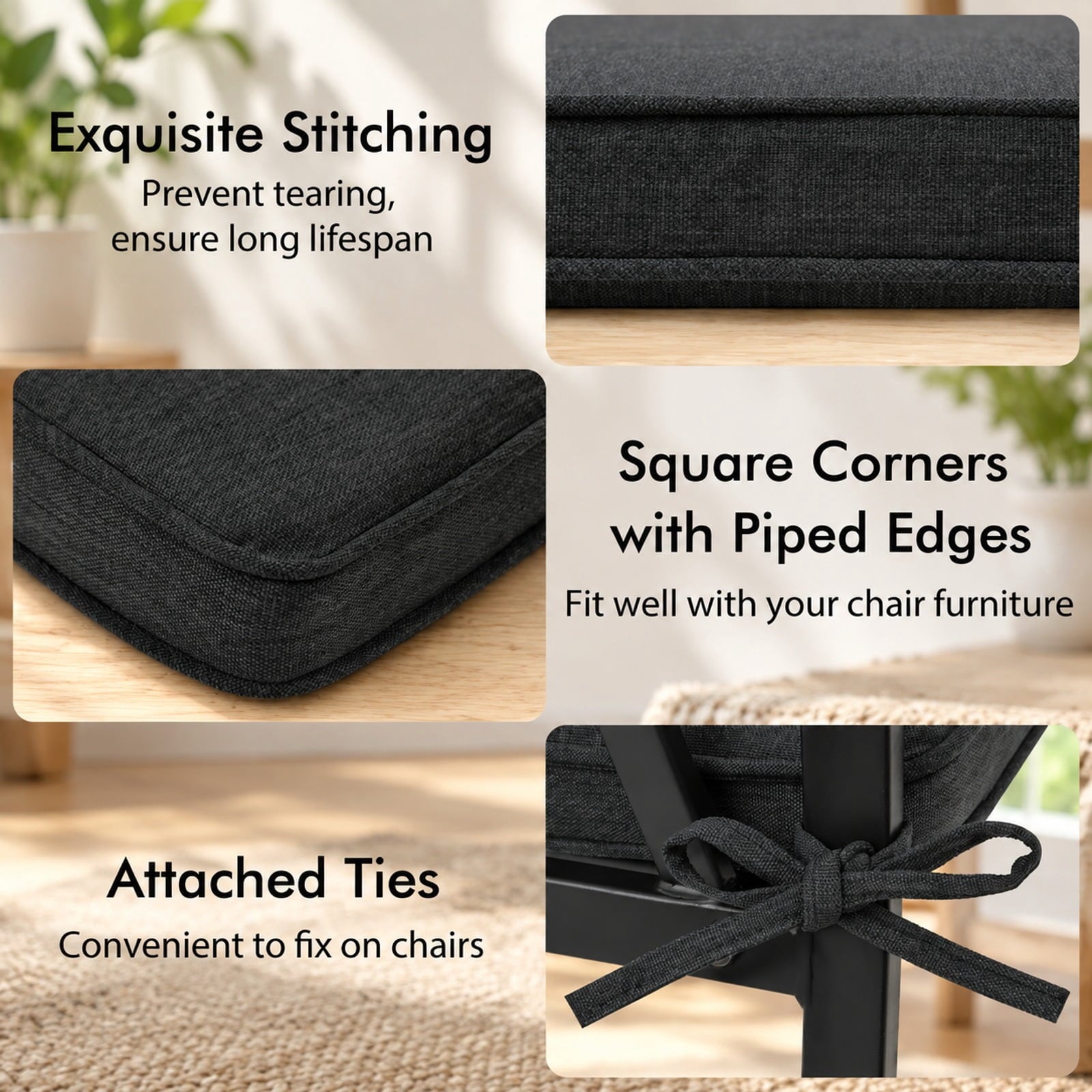 Fenbeli Outdoor Chair Cushion Set of 2 Waterproof Fade-Resistant Olefin Seat Cushions, Olefin Fabric 28D Foam Frame, Black
